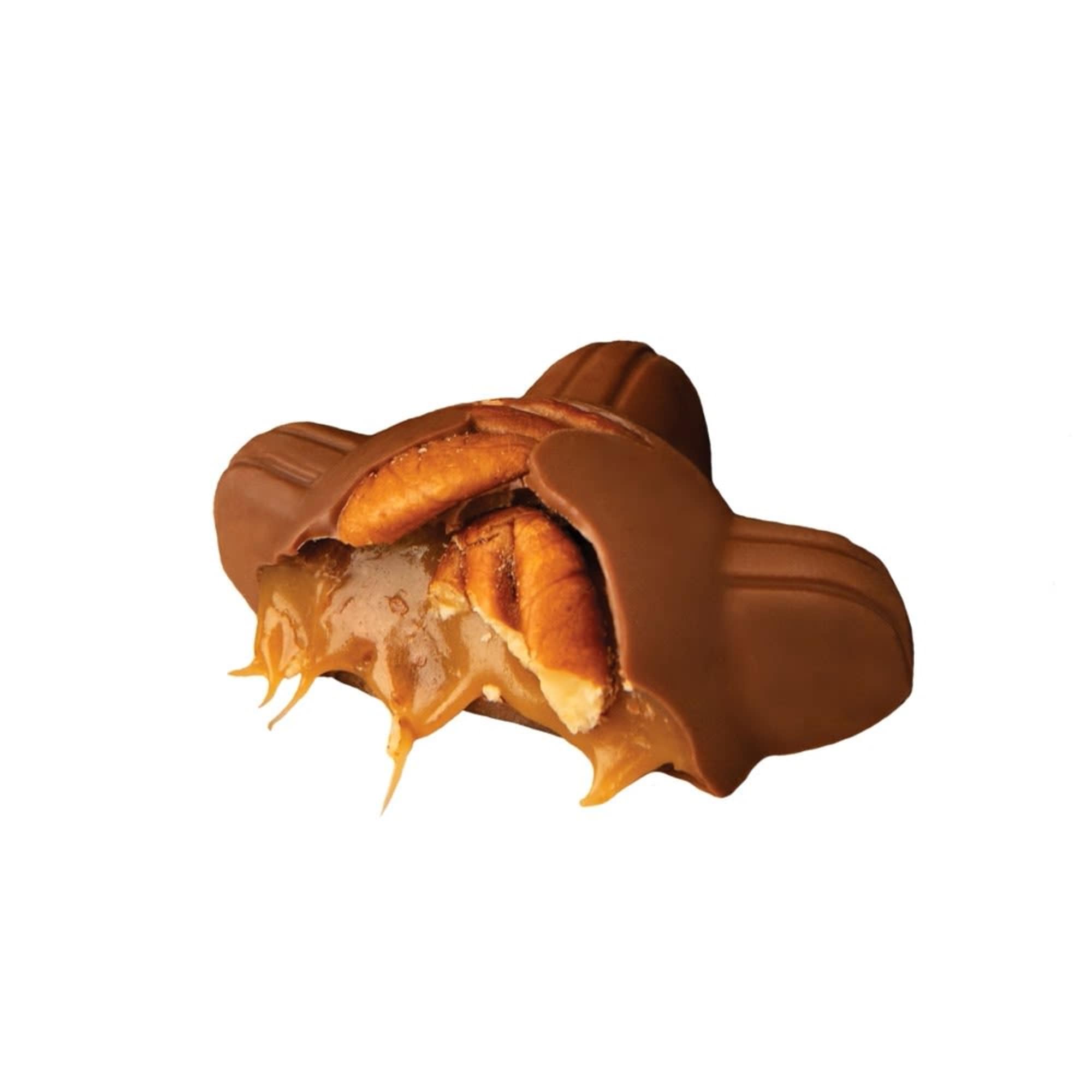 Chocolate-covered caramel candy with pecan pieces on a white background