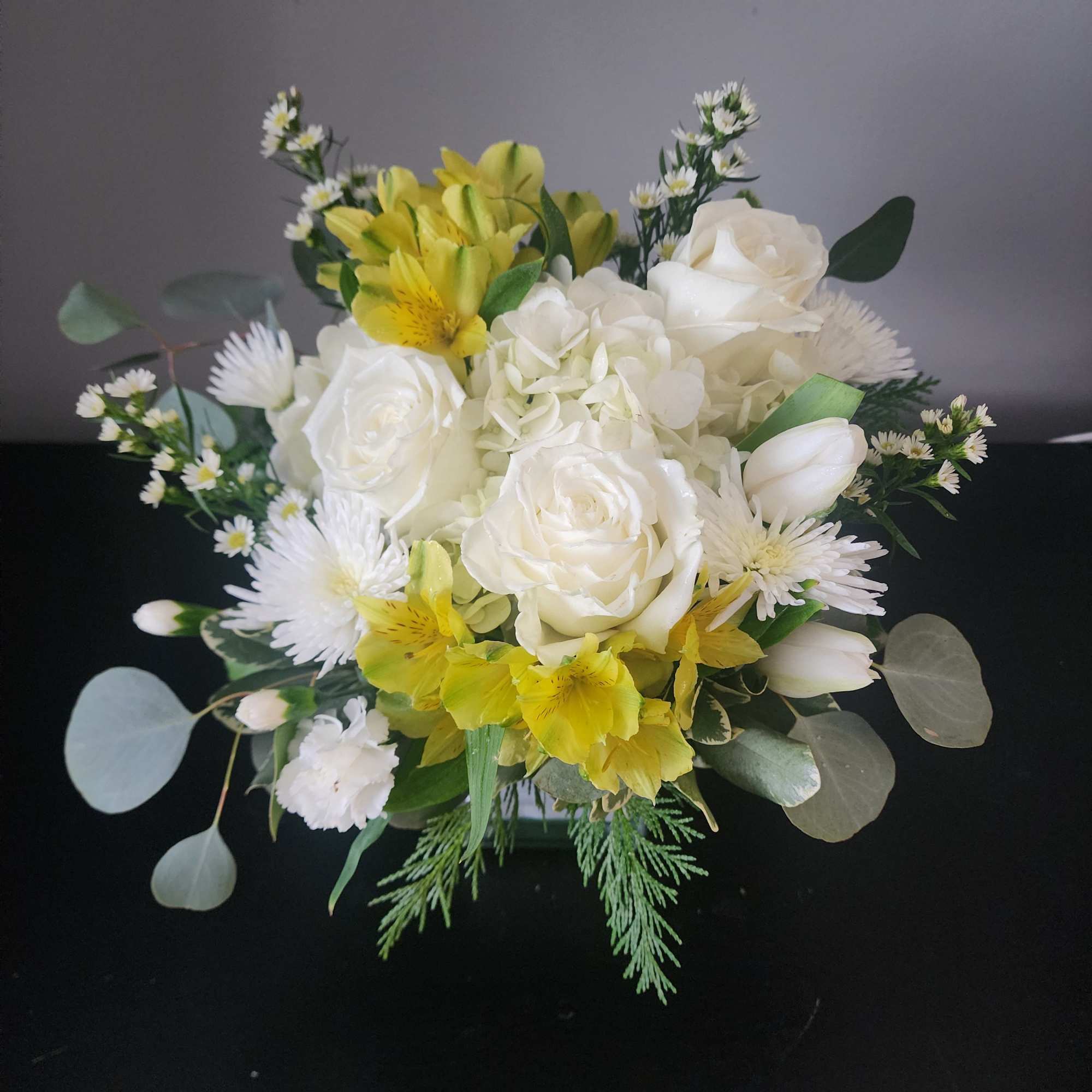 Designed in a glass cube with roses, alstroemeria, hydrangea, tulips, accent blooms, photo 2 of 2