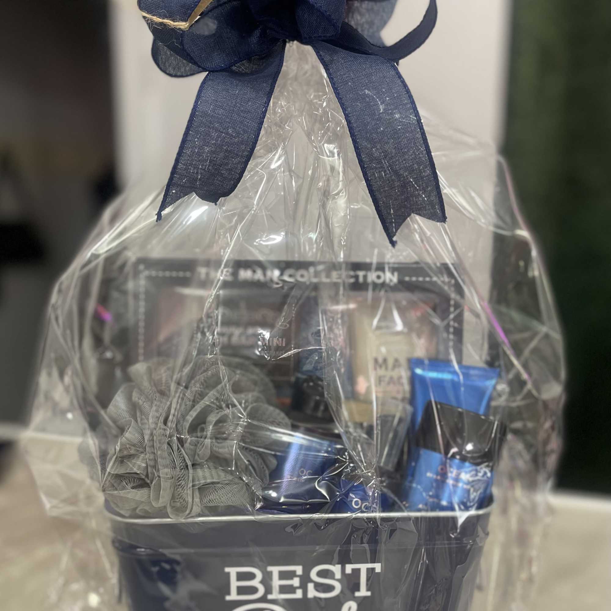 Give Dad a practical, polished surprise with this wrapped gift basket designed