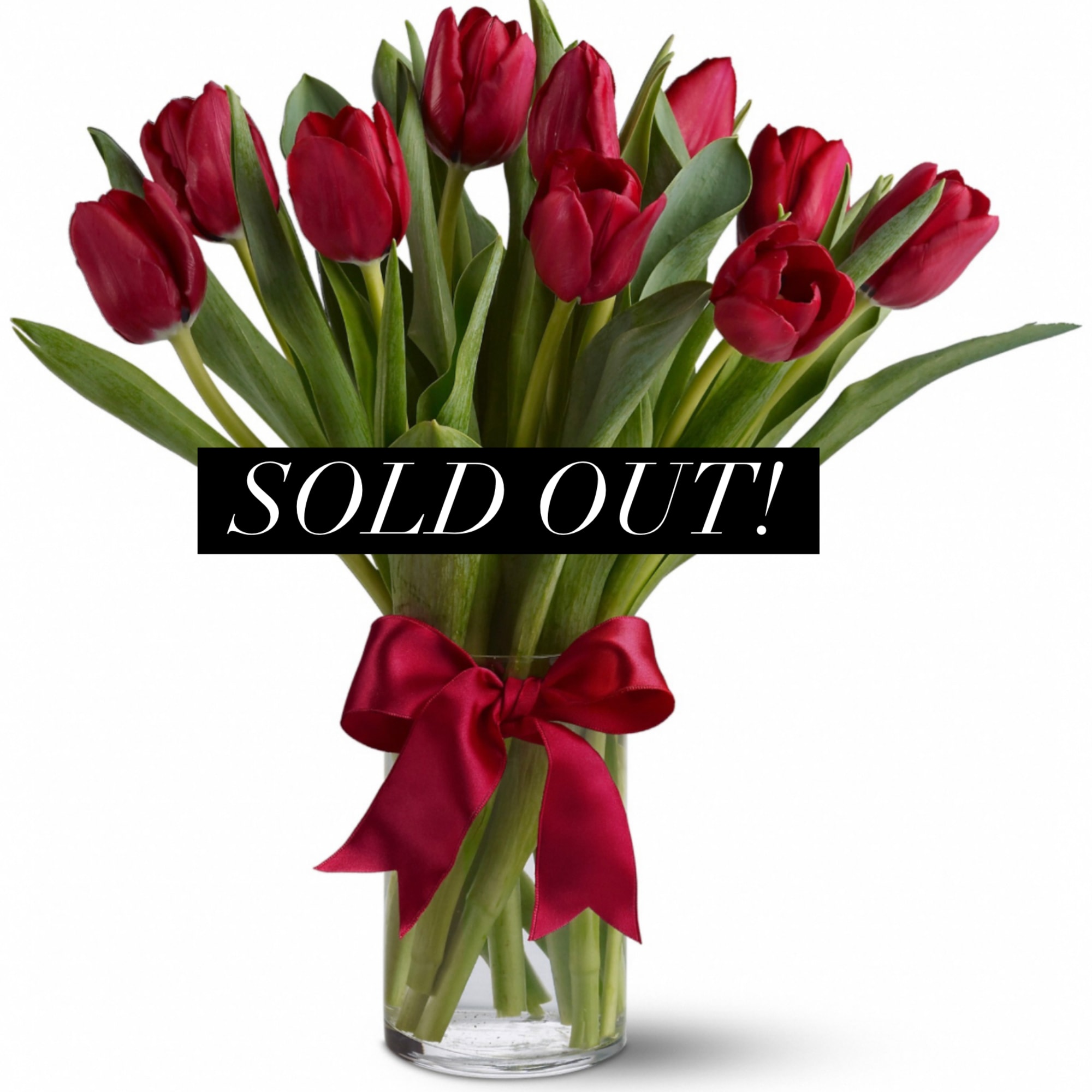 Red tulips in a clear glass vase with a red ribbon