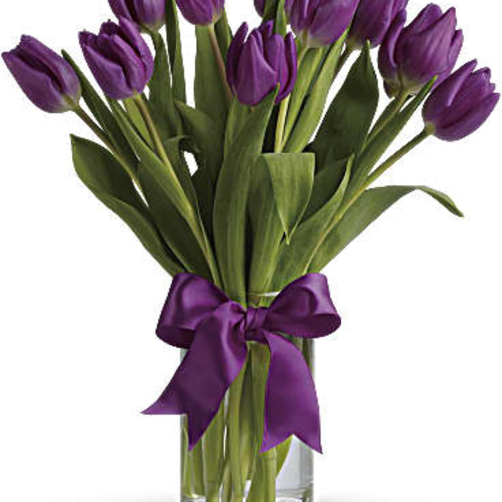 Purple tulips in a clear glass vase tied with a purple ribbon