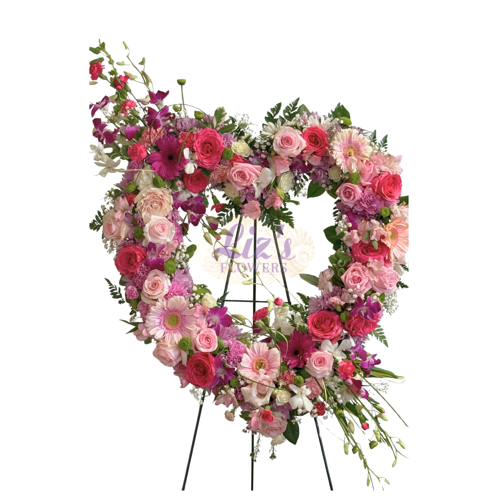 Open heart spray, featuring a pink, hot pink, and lavender roses, carnations, photo 2 of 2