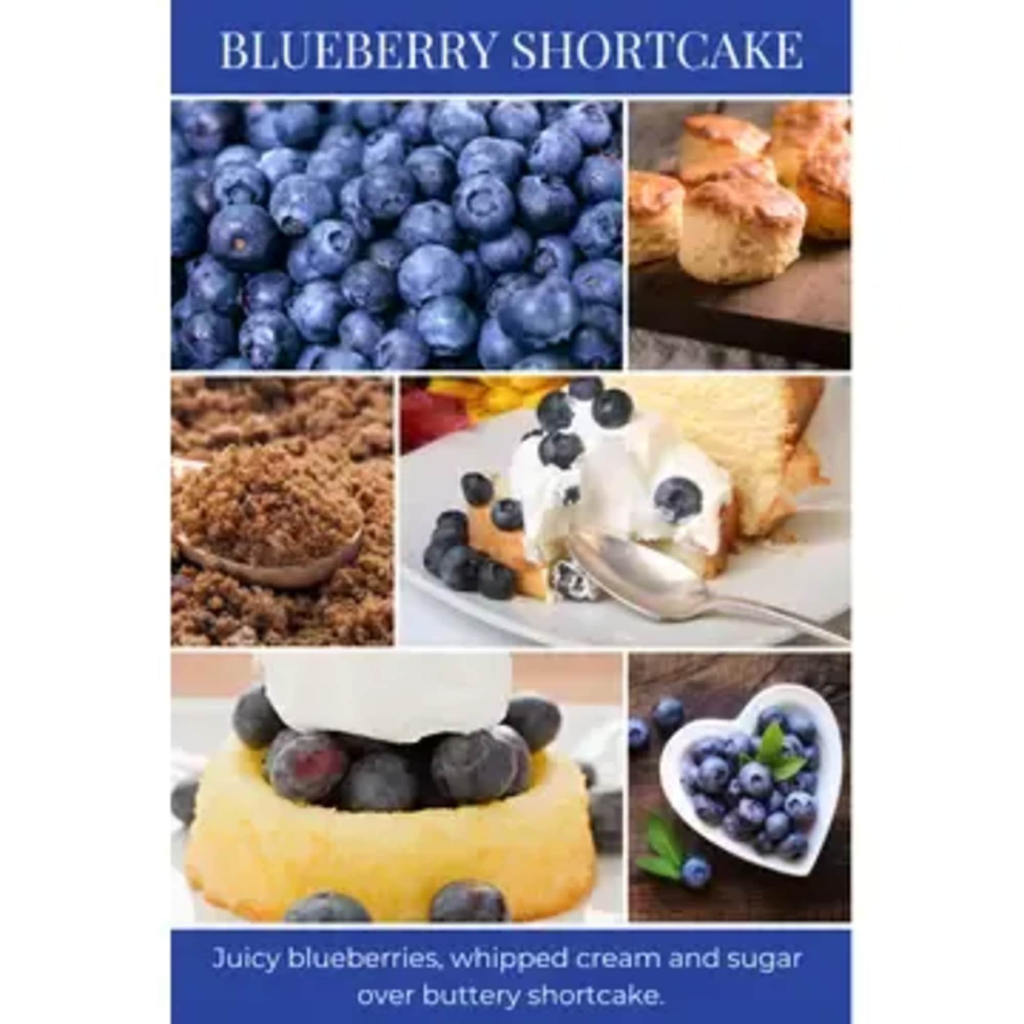 Collage of blueberry shortcake with blueberries and whipped cream