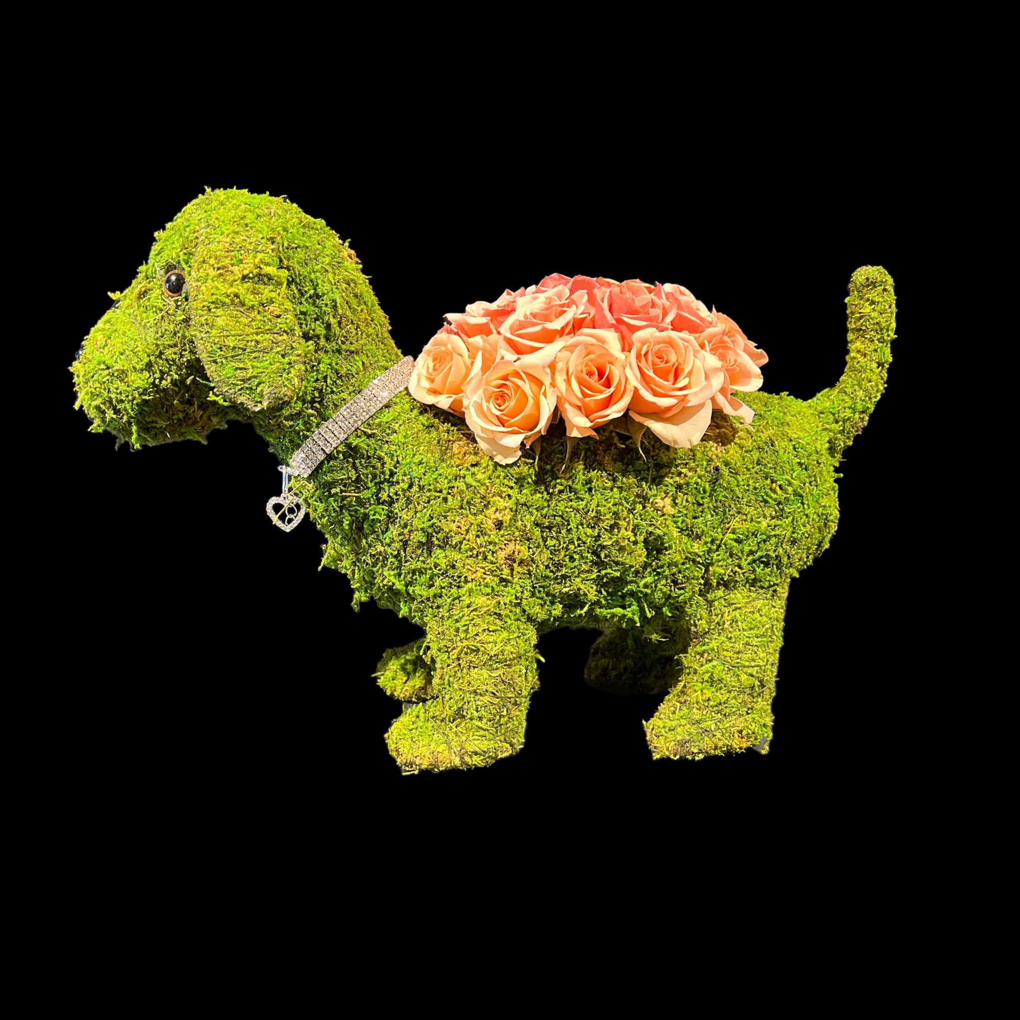 Moss-covered dog figure topped with peach roses