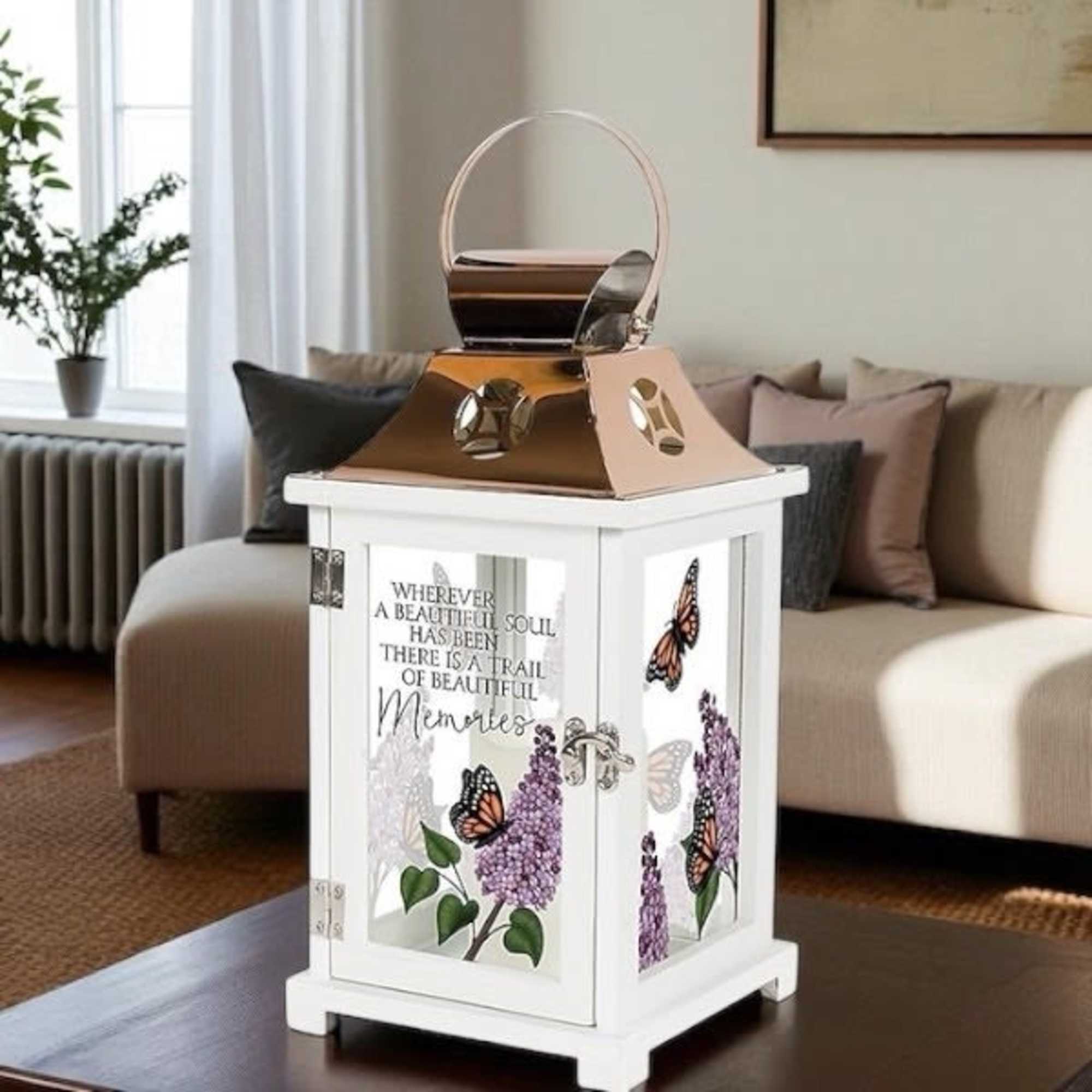 Decorative memorial lantern with butterflies and lilac flowers