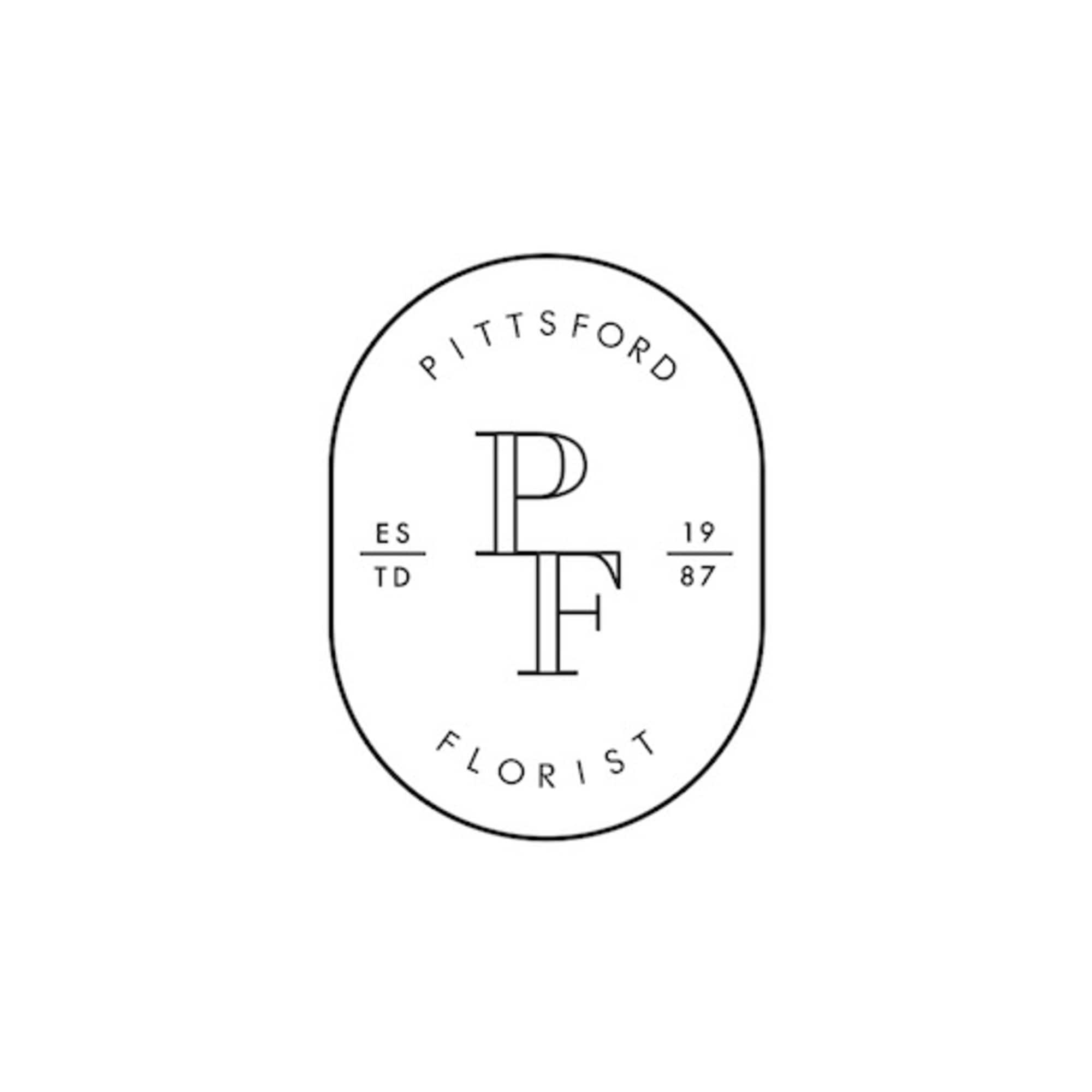 Black and white oval logo with initials P F and text Pittsford Florist established 1987