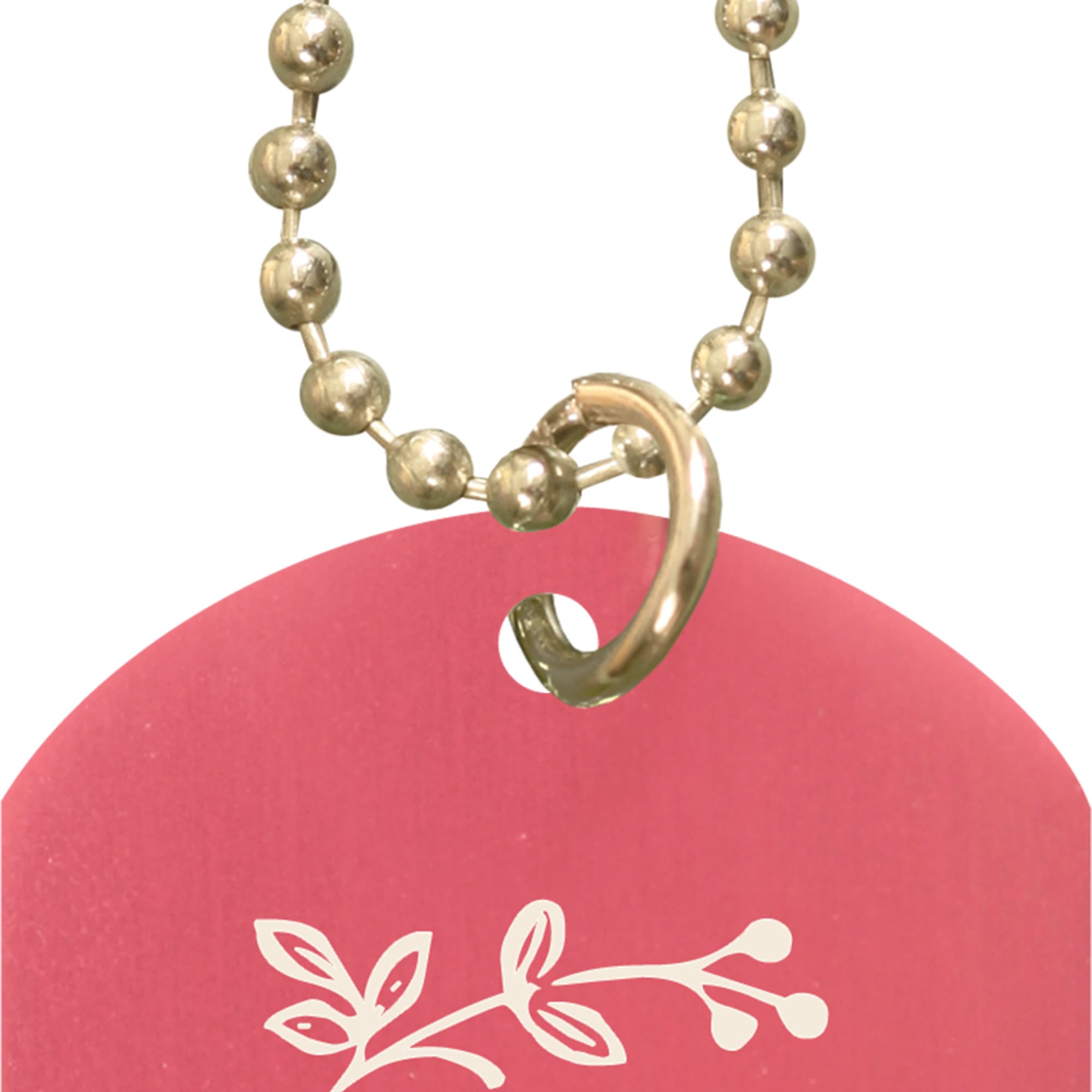 Pink gift tag with the name Abigail on a gold bead chain