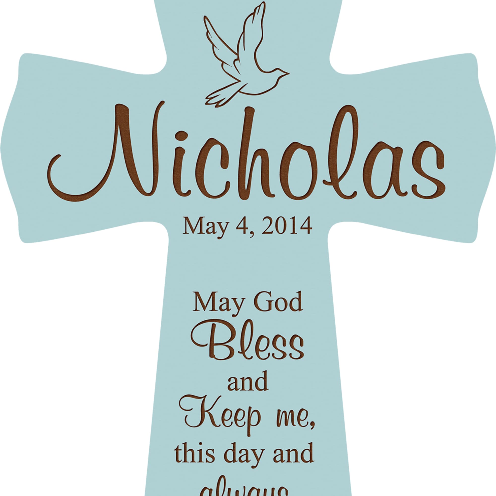 Light blue cross-shaped sign with communion text and a dove graphic