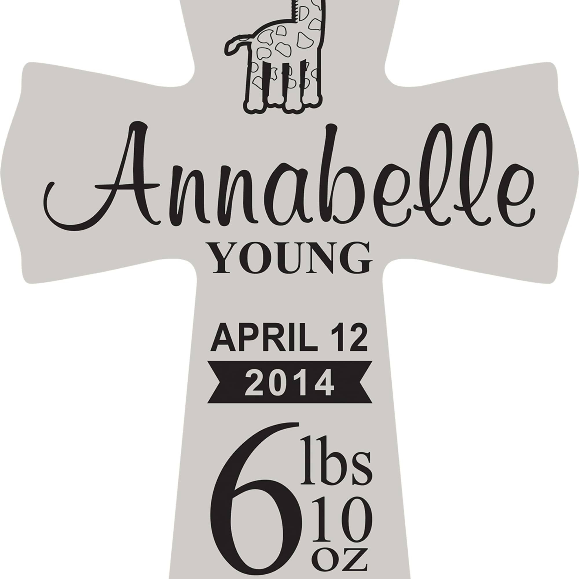 Gray cross-shaped memorial plaque with a giraffe illustration and name text