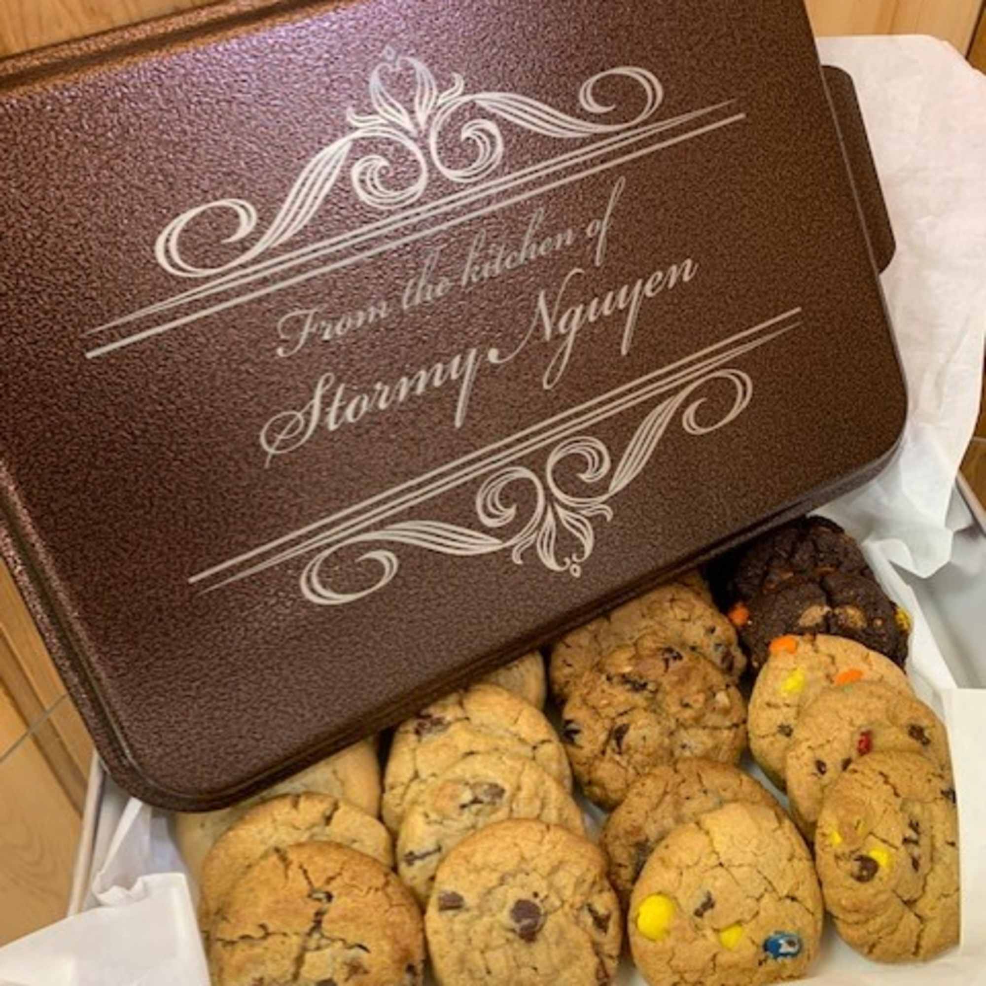 Box of assorted cookies with a personalized lid