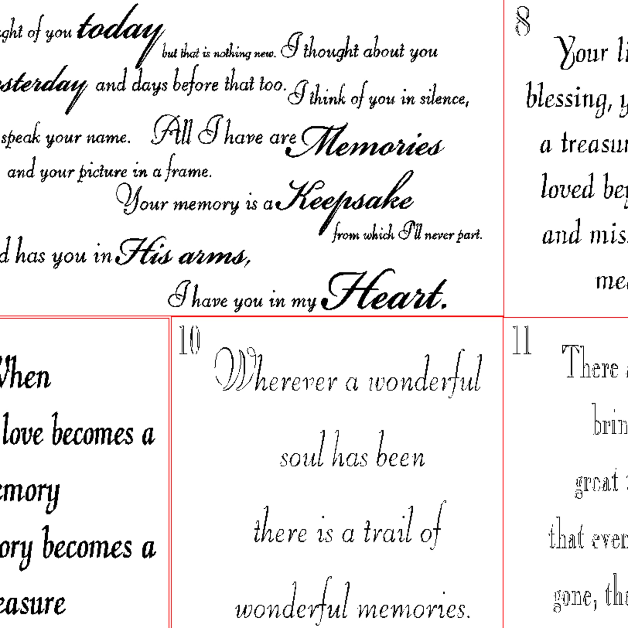 Black memorial quotes on a white background in a six-panel layout.