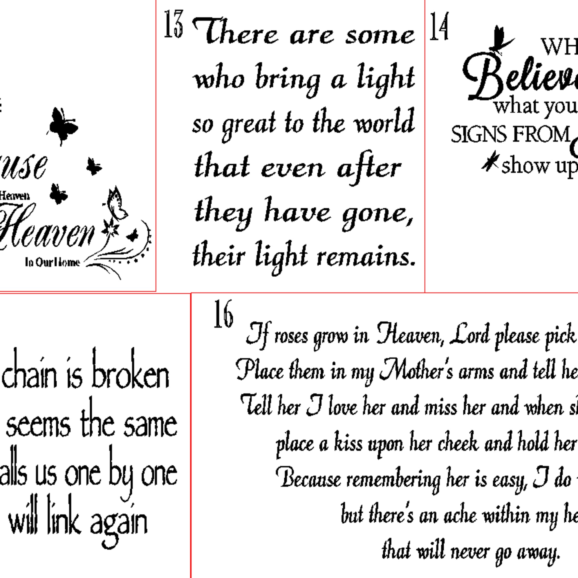 Black memorial quote panels with butterfly decorations and script text