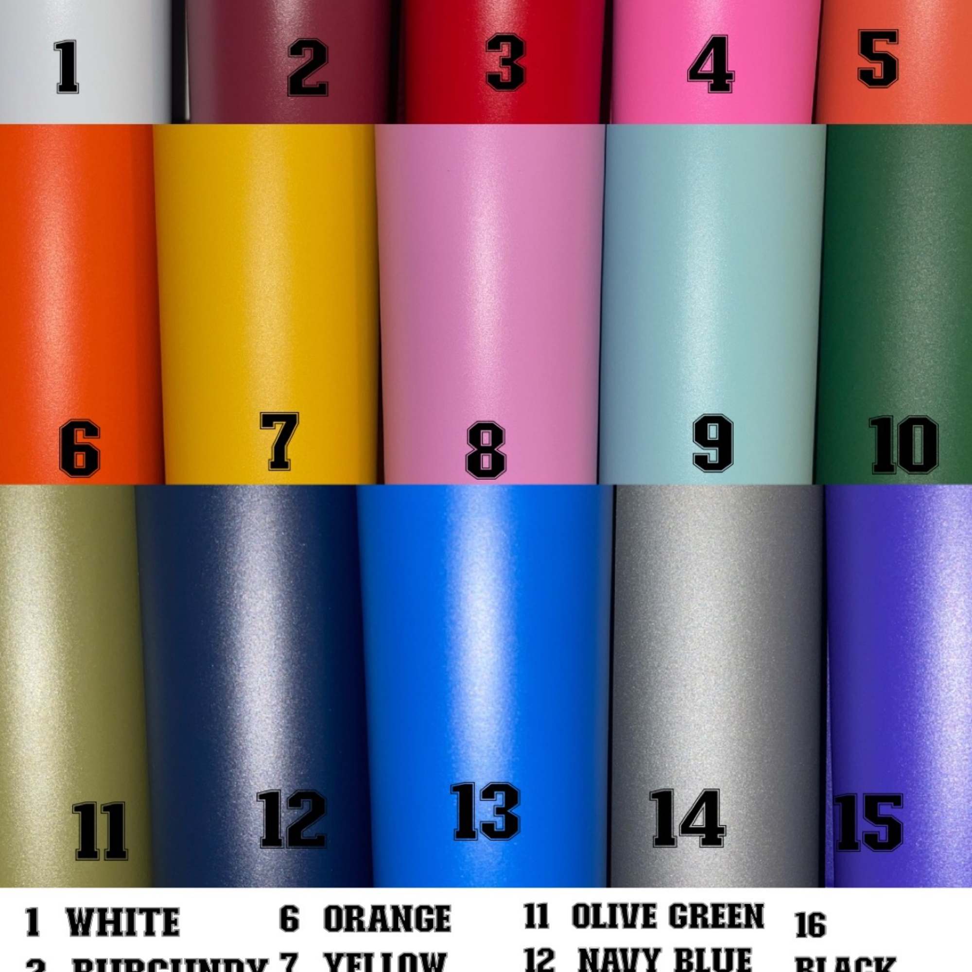Color chart of numbered metallic wrapping papers in multiple shades