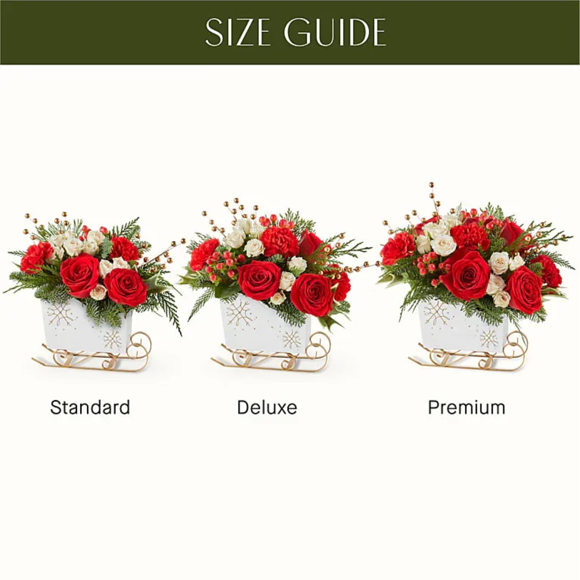 Three red and white floral arrangements in white sleigh containers labeled standard, deluxe, and premium.