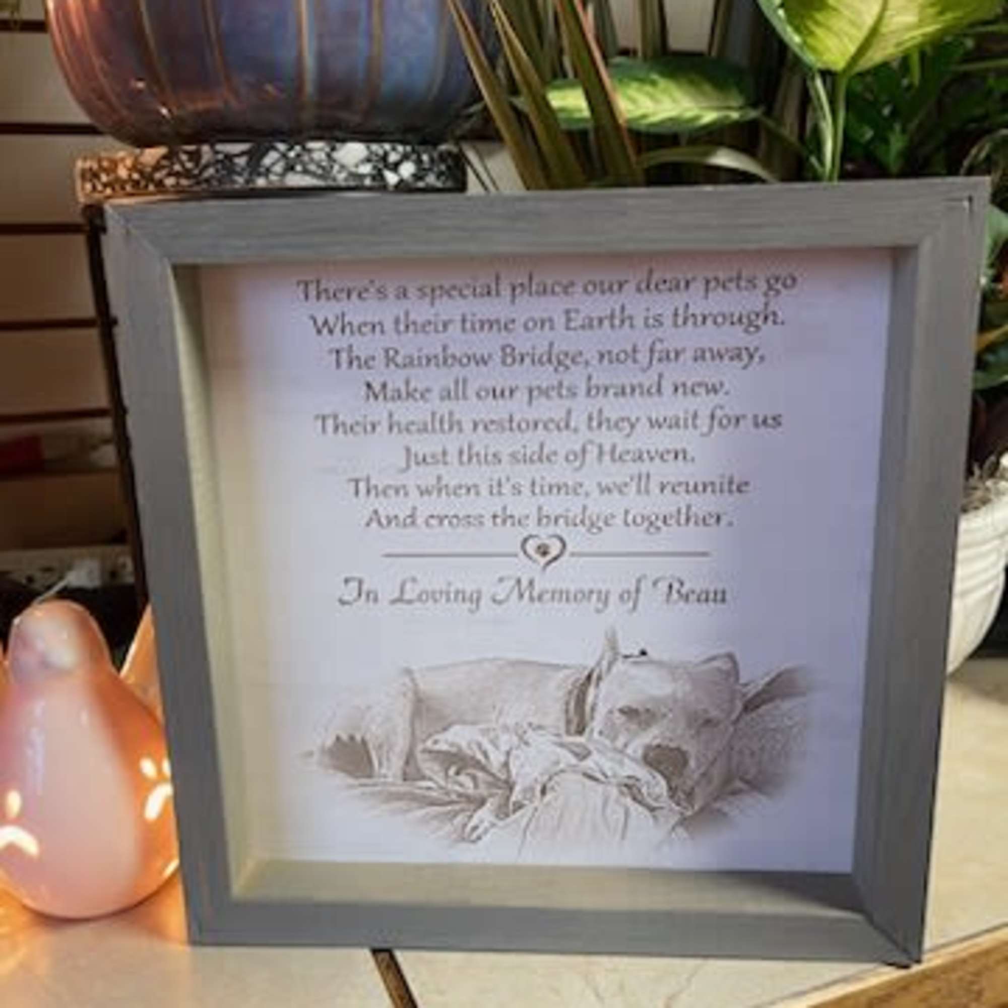 Framed memorial print with a sleeping dog and sympathy poem