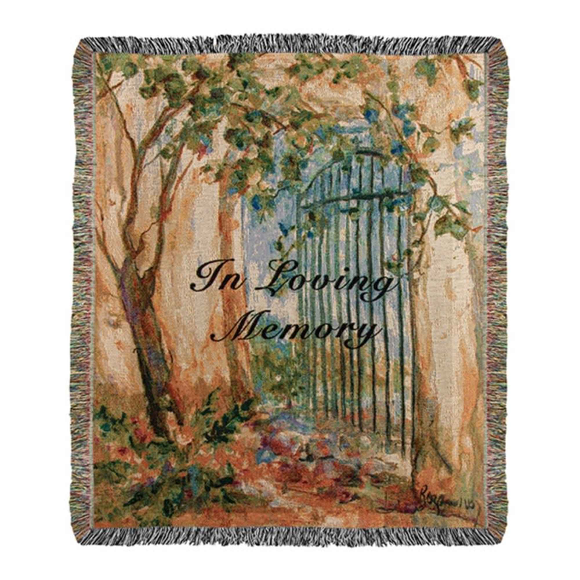 Decorative woven blanket with a garden gate scene and the words In Loving Memory