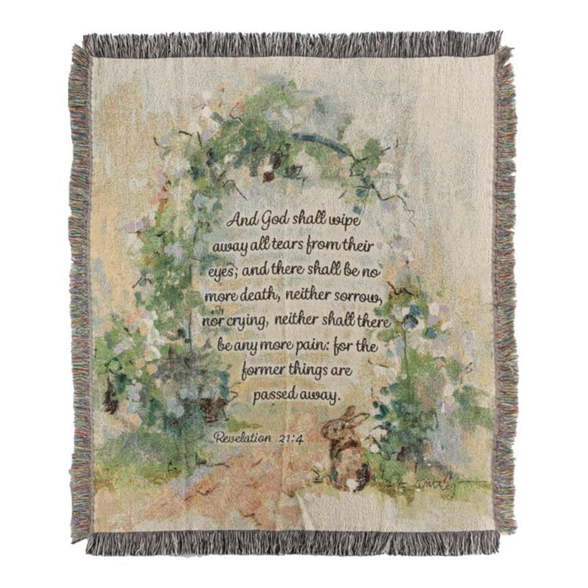 Fringed woven throw blanket with floral print and Bible verse text