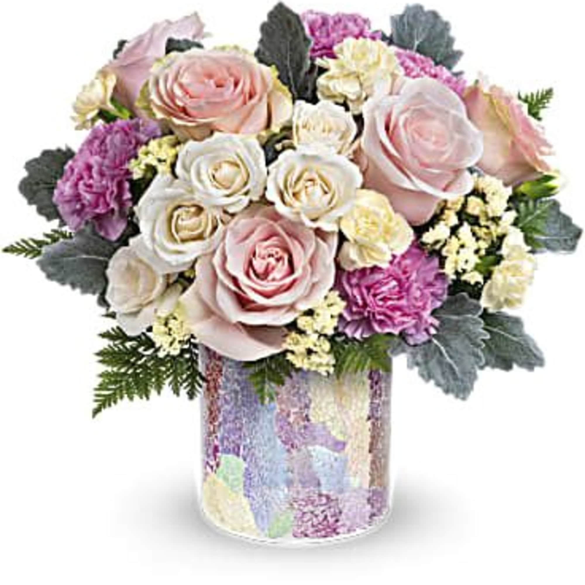 Pink and white rose bouquet in a patterned vase