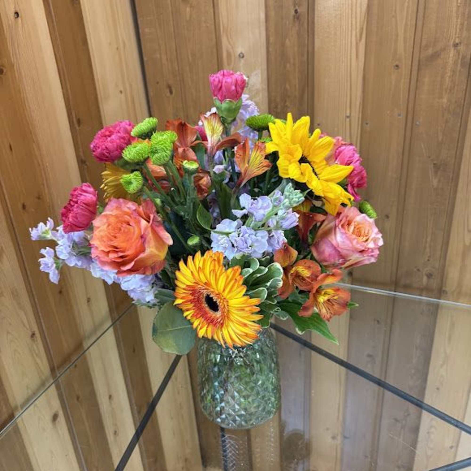 Bright &amp; Beautiful Vase Arrangement &ndash; Sunflowers, Lilies, Carnations and Roses

Bring a