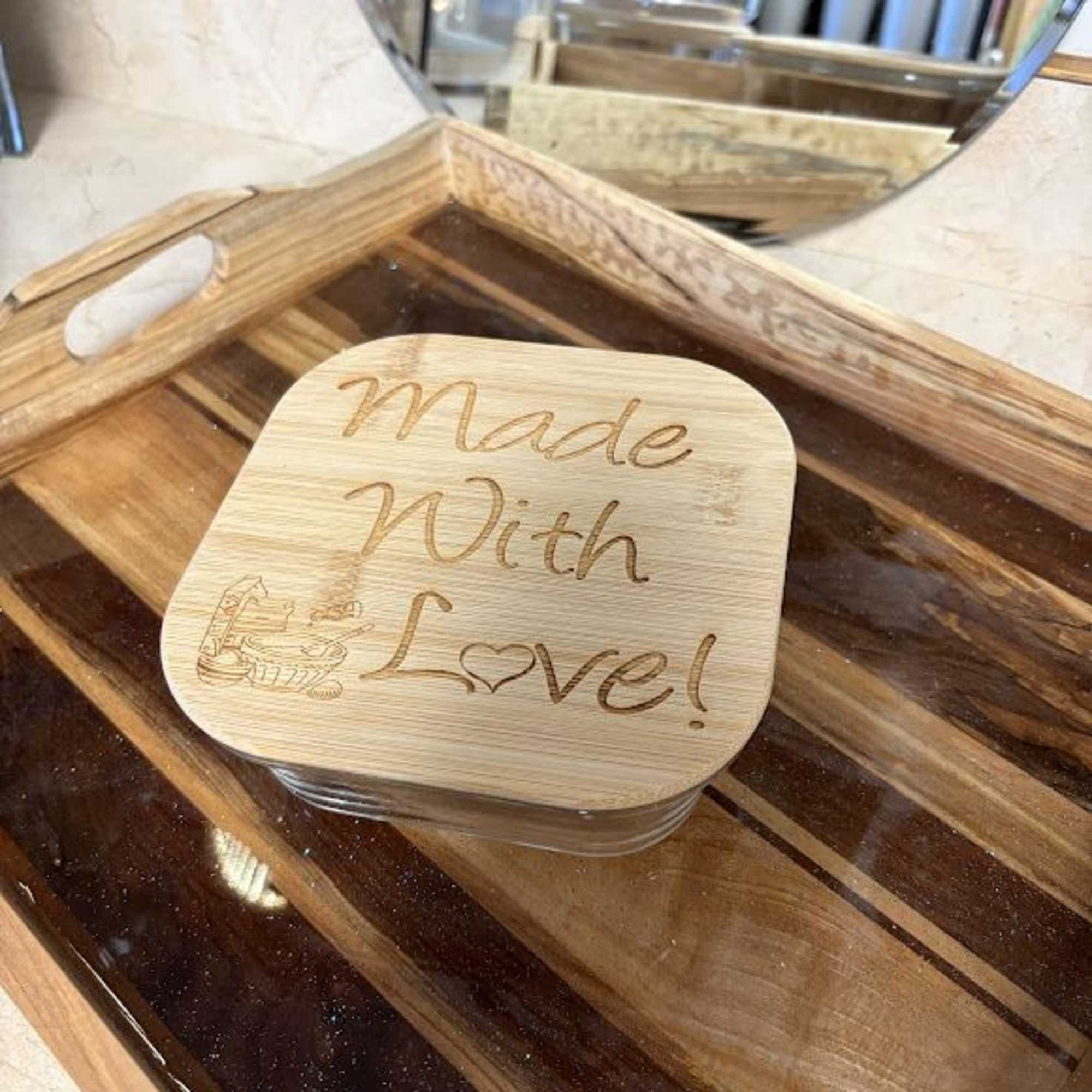 Wooden tray with a bamboo-lid container engraved "Made With Love"