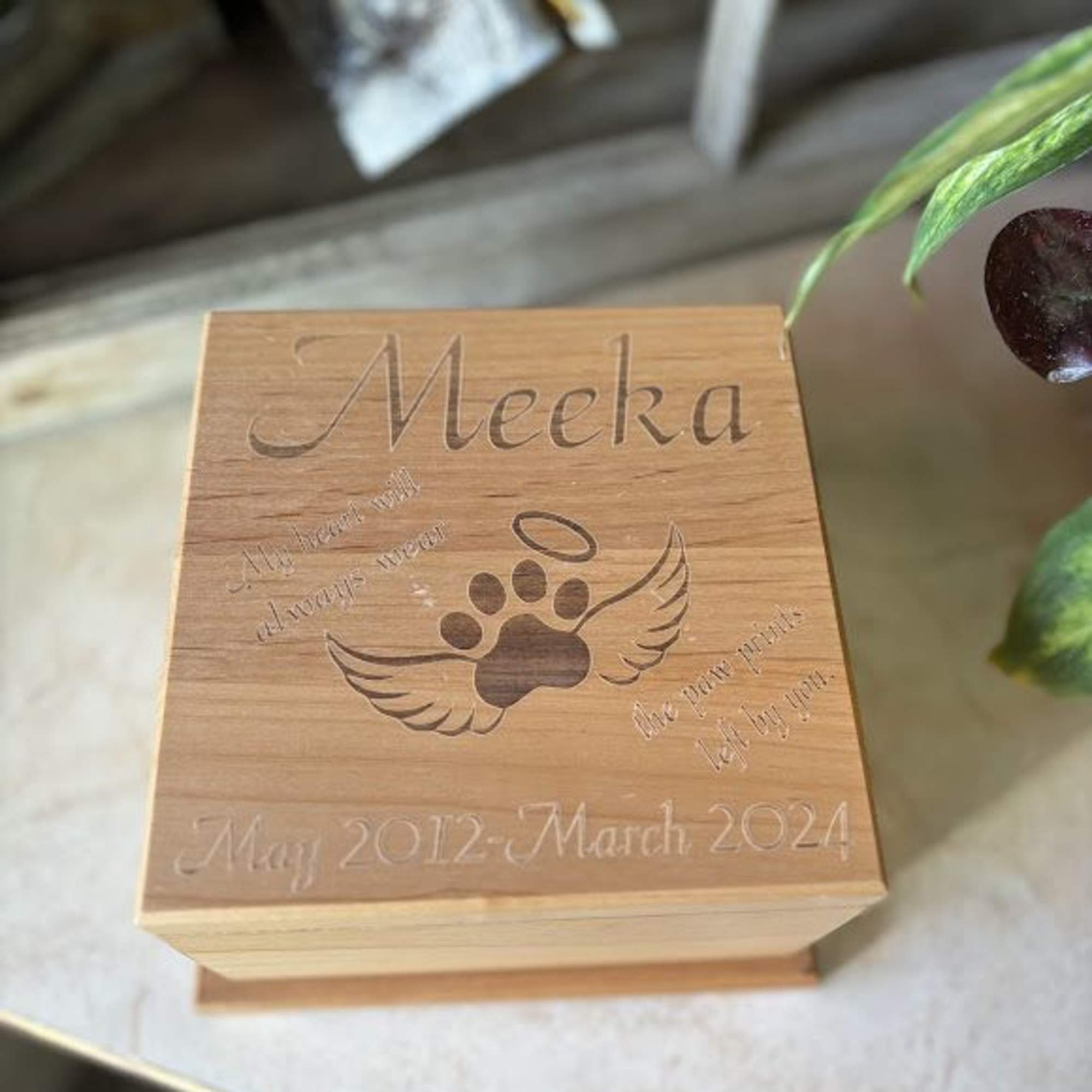 Engraved wooden memorial box with a paw print and wings