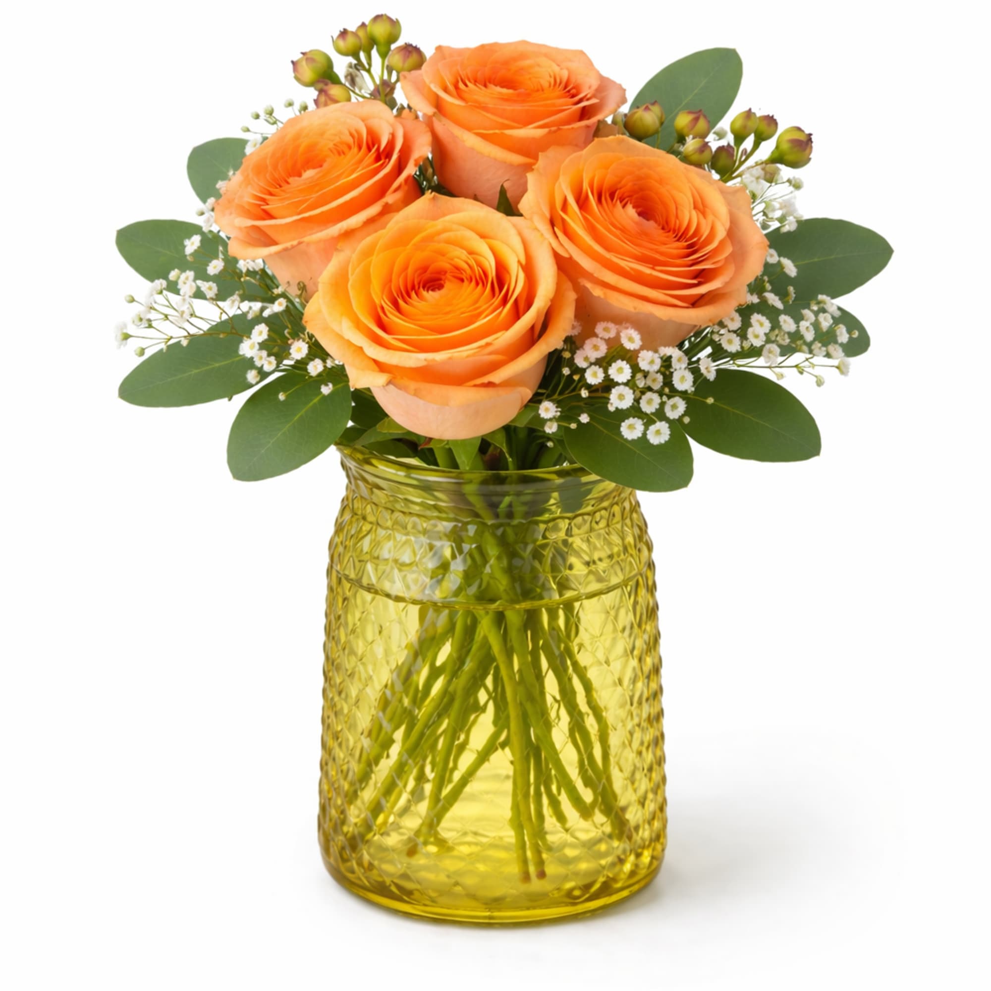 A charming and elegant arrangement featuring four premium roses, beautifully accented with
