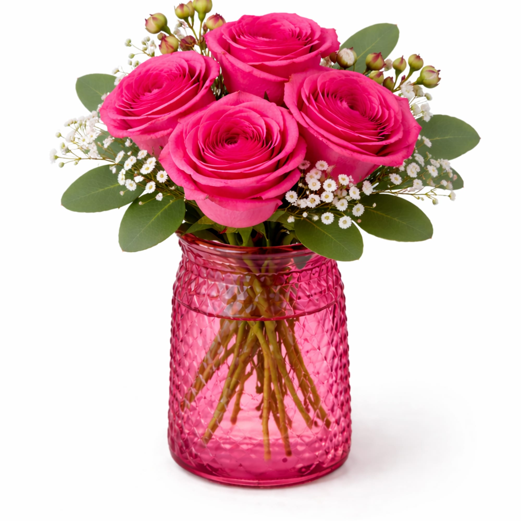 Hot pink roses and small white flowers arranged in a pink textured glass jar.