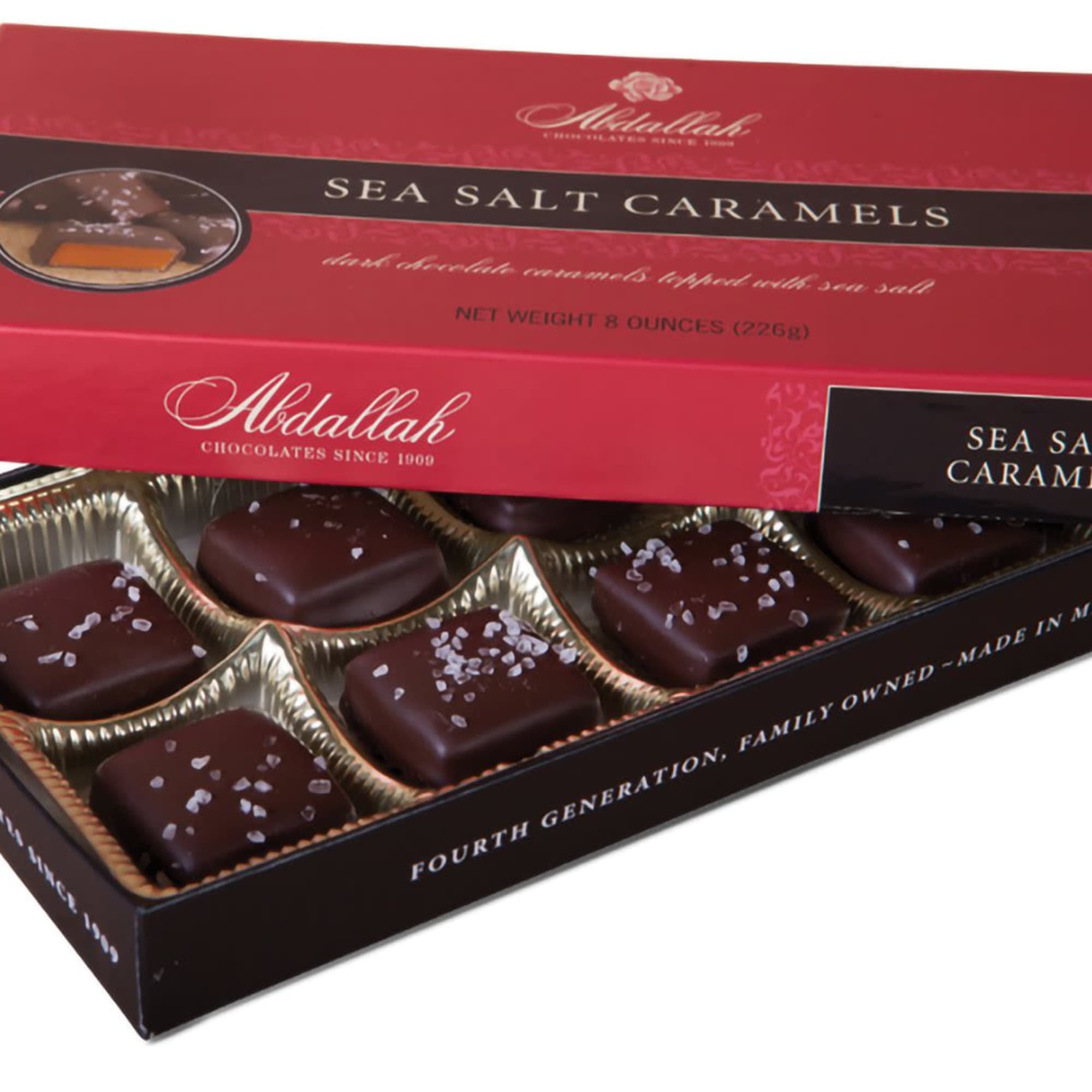 Box of sea salt caramels in a red and black gift box