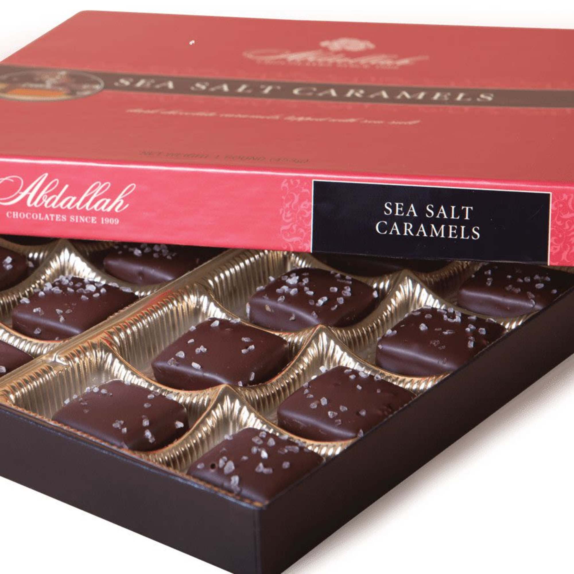 Box of sea salt caramels in chocolate coating
