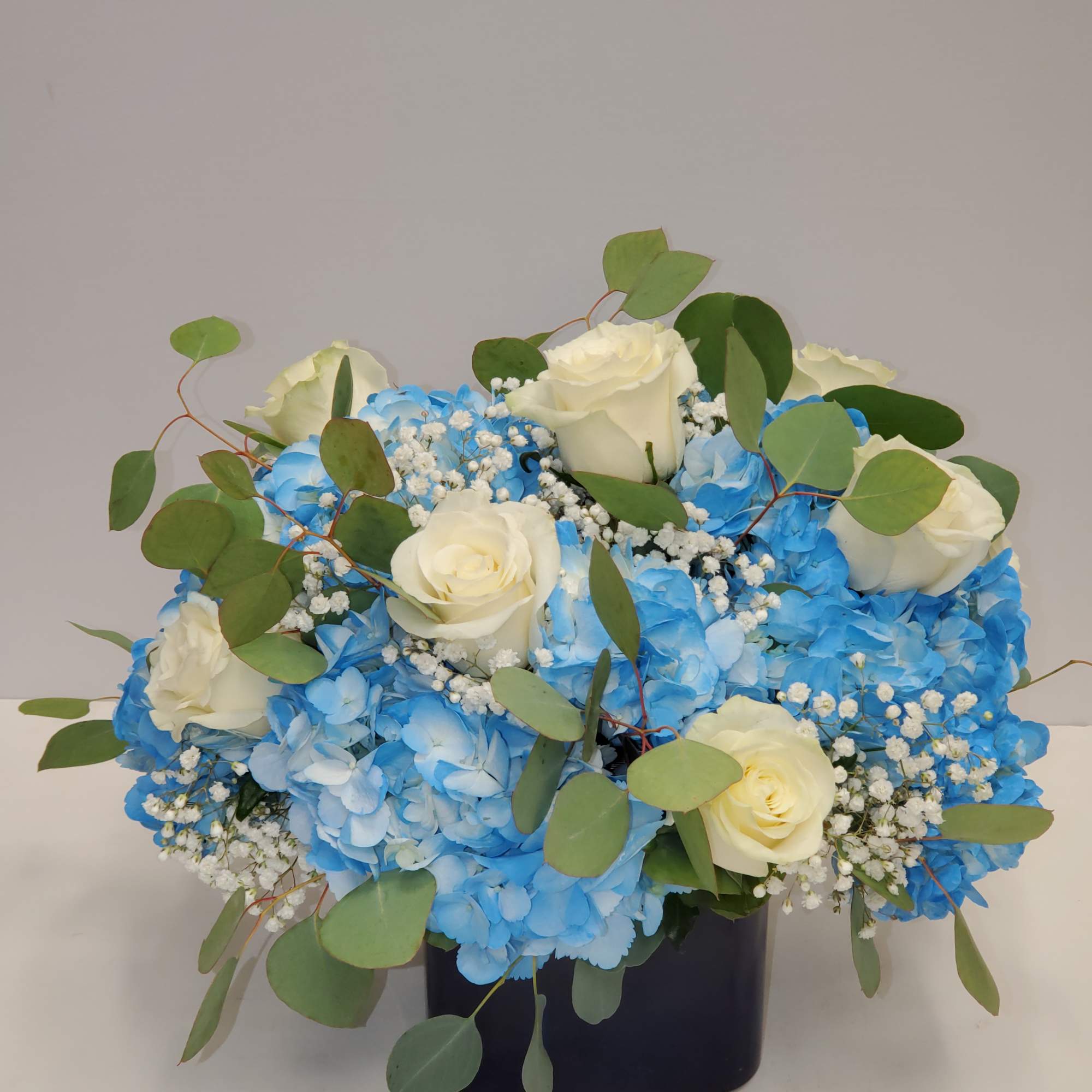 Compact arrangement of white roses and blue hydrangeas with baby's breath and eucalyptus in a black square vase
