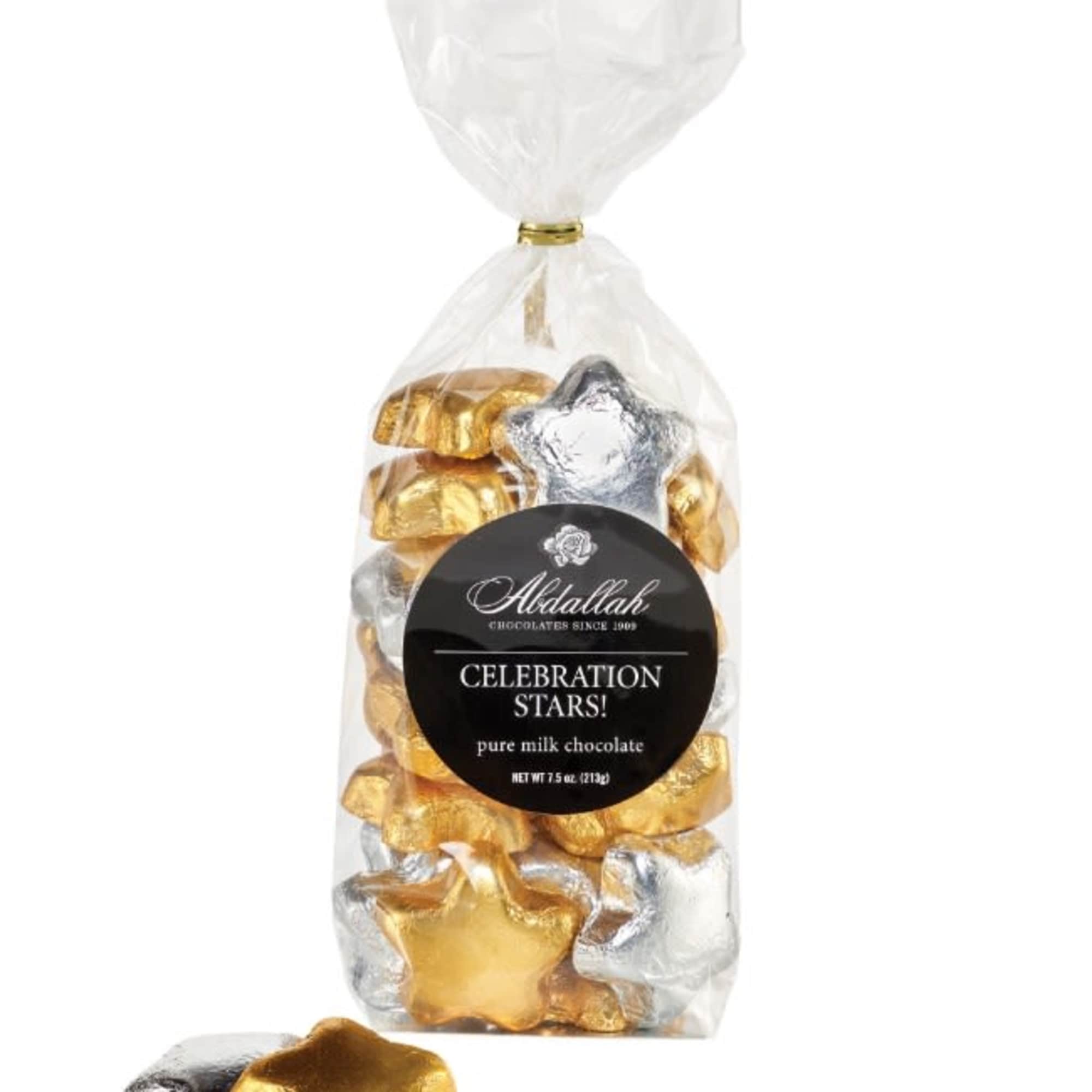 Clear bag of gold and silver foil-wrapped star-shaped chocolates