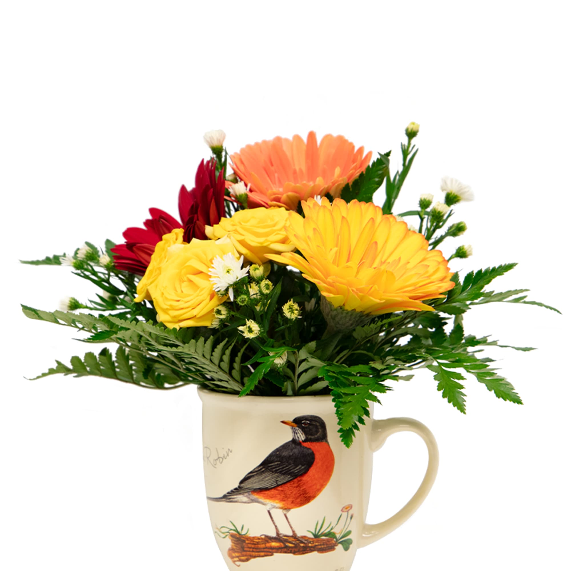 Mixed bouquet in a bird-printed mug vase
