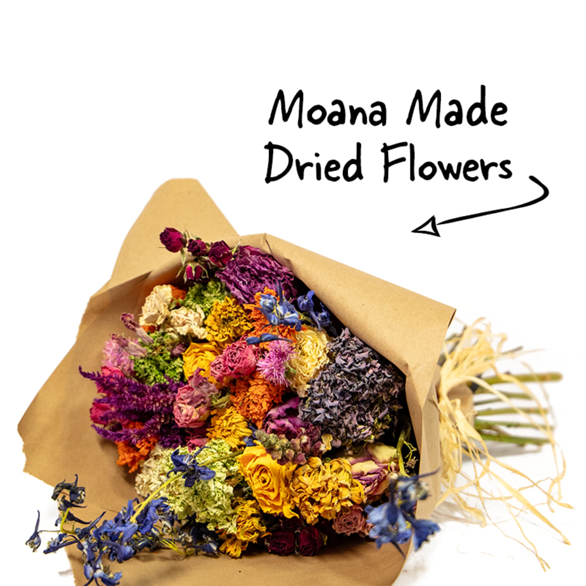 Bouquet of colorful dried flowers wrapped in brown paper