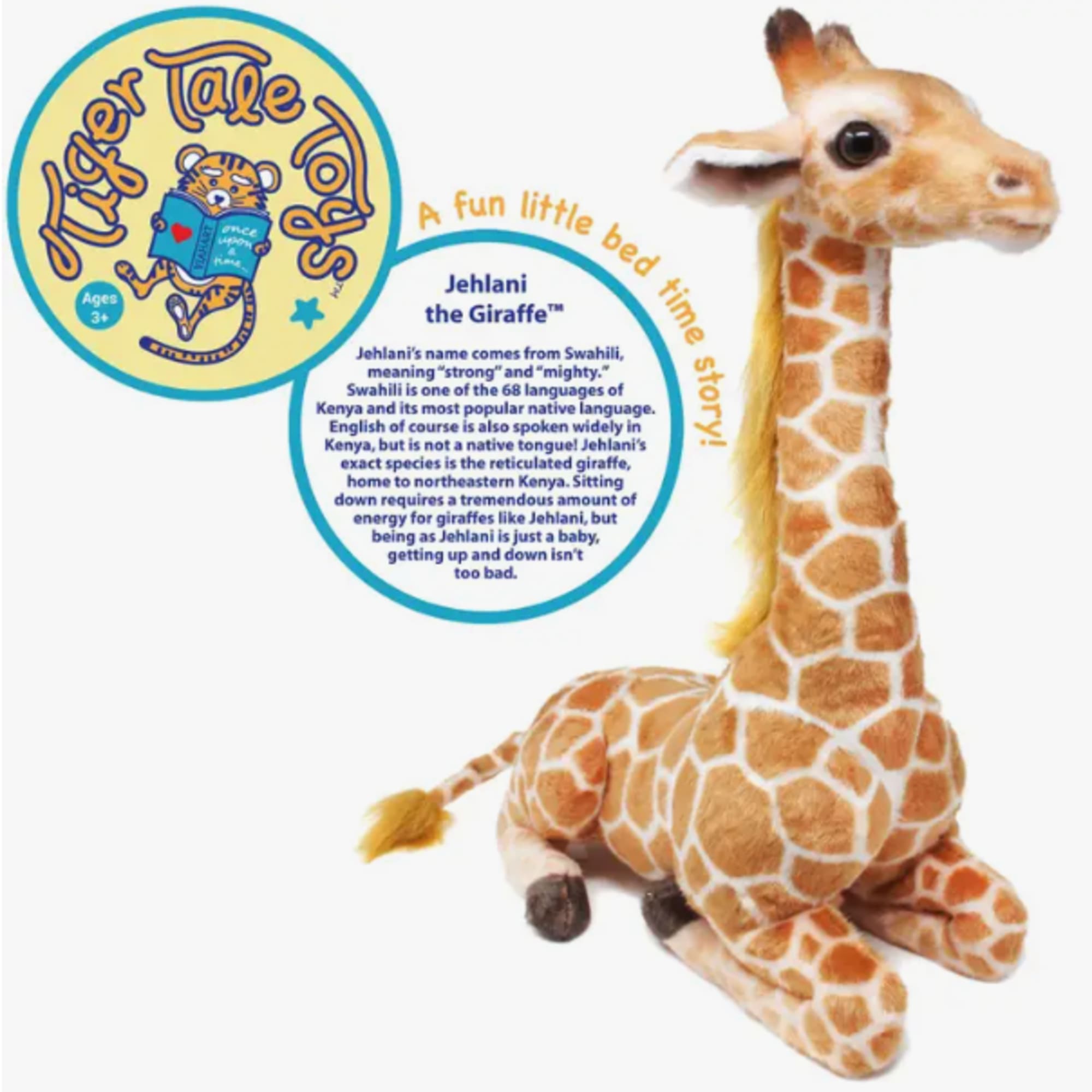 Plush giraffe toy with a printed story card