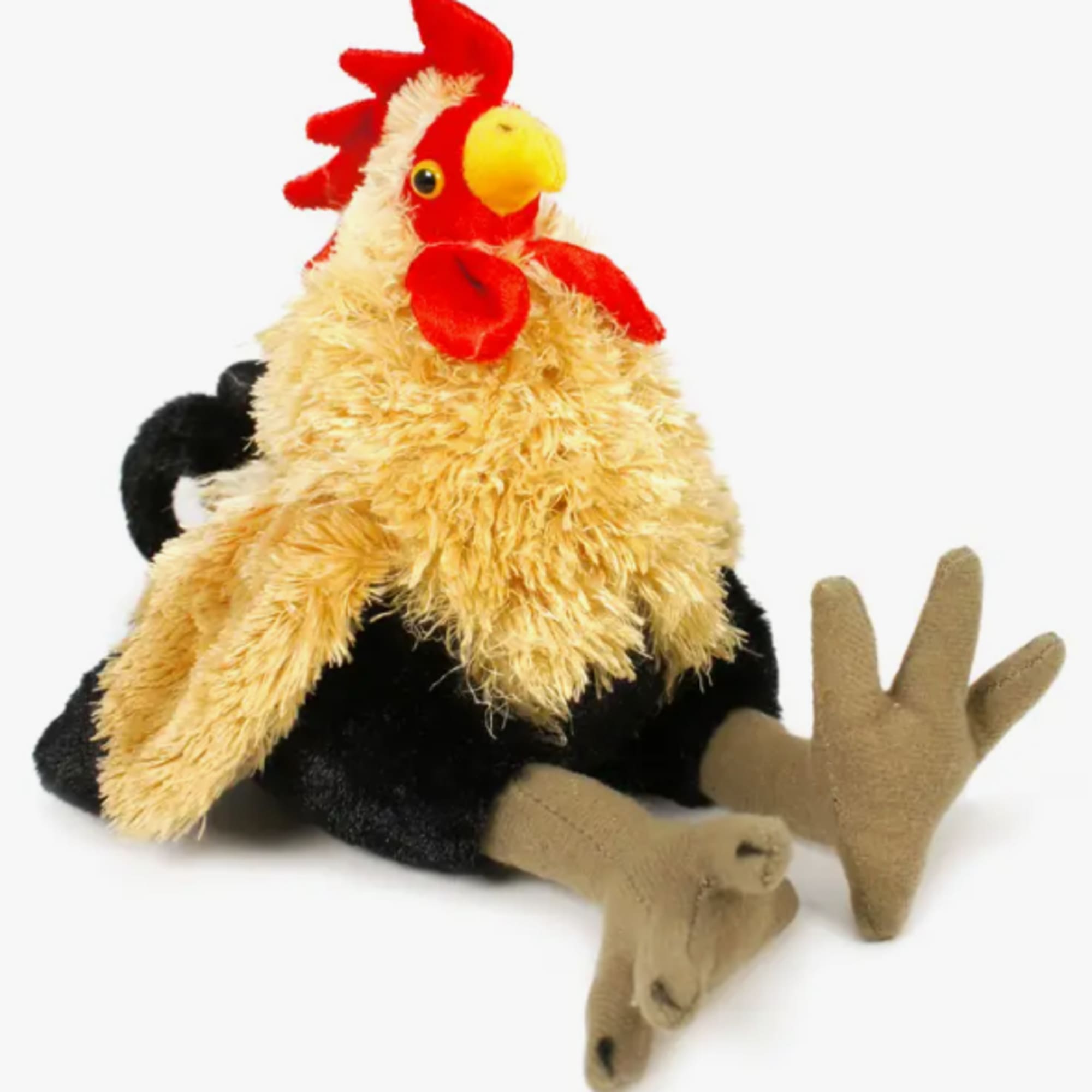 Plush rooster toy with tan legs on a white background