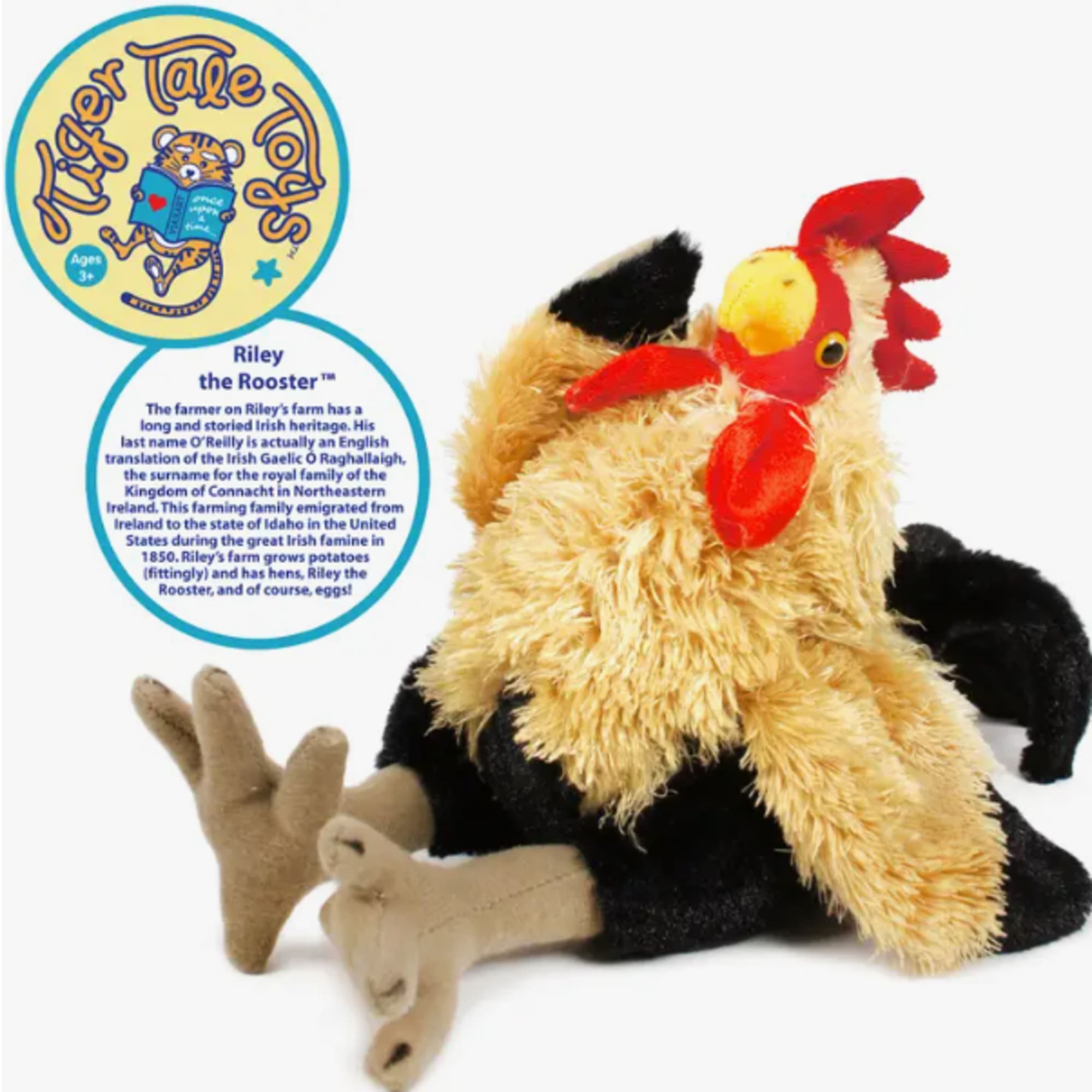 Plush rooster toy with a product tag beside it