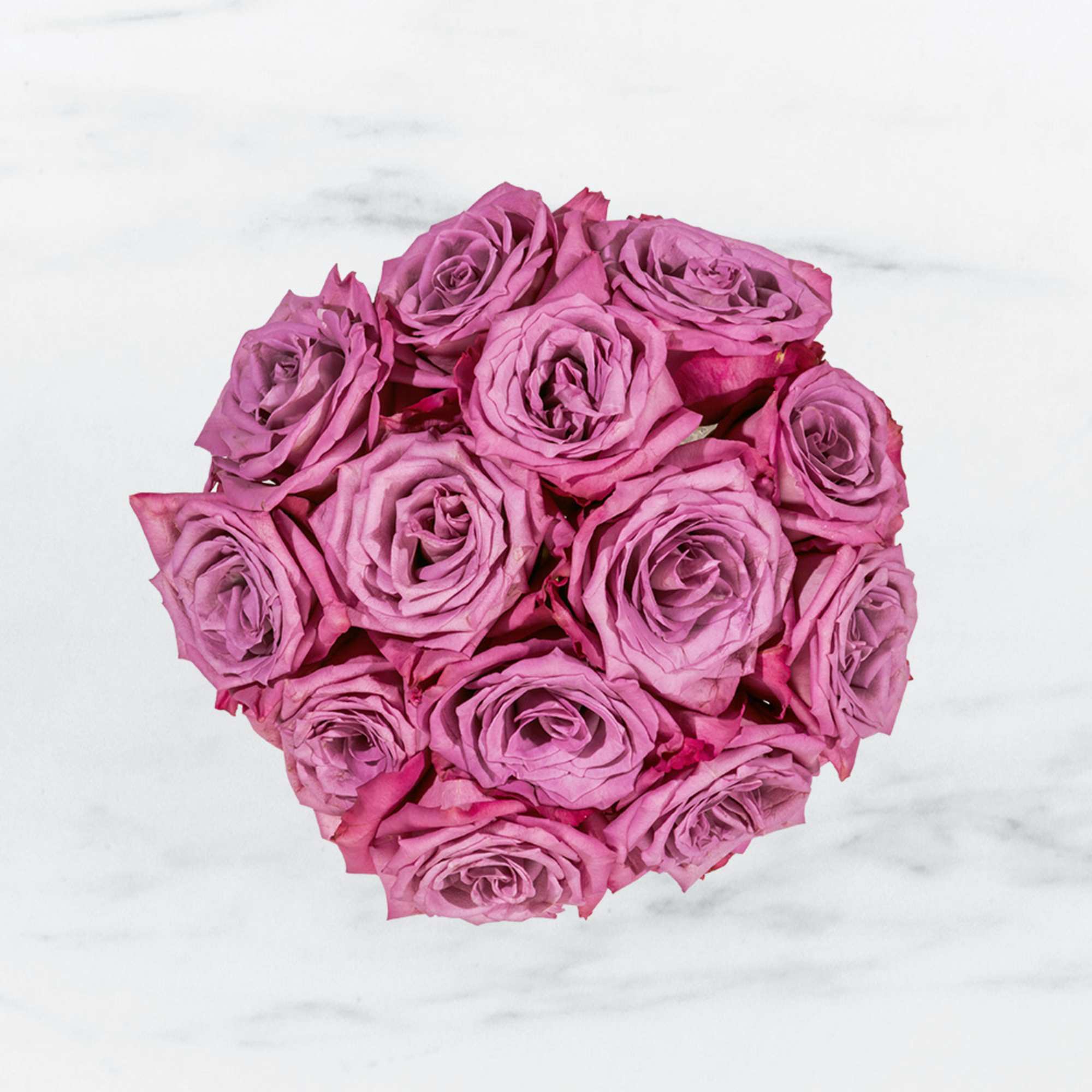 Tight round bouquet of mauve roses viewed from above on a white surface