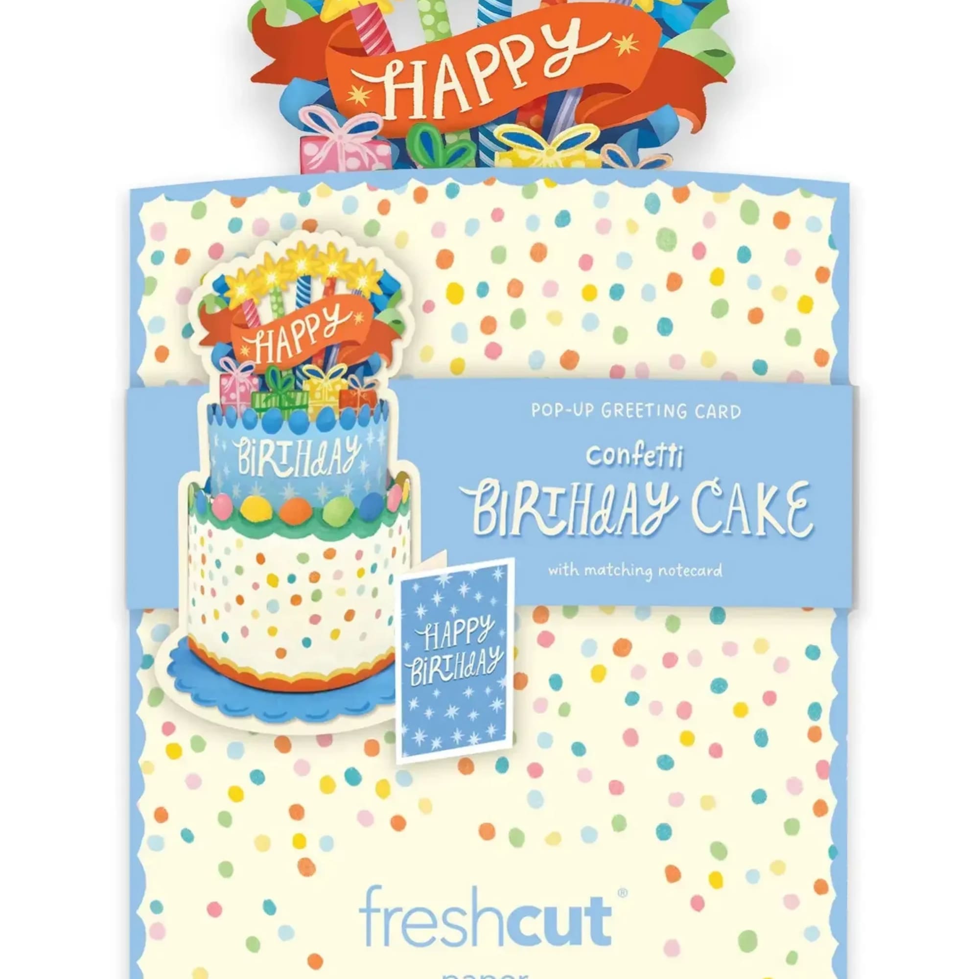 Pop-up birthday card with a cake and confetti design
