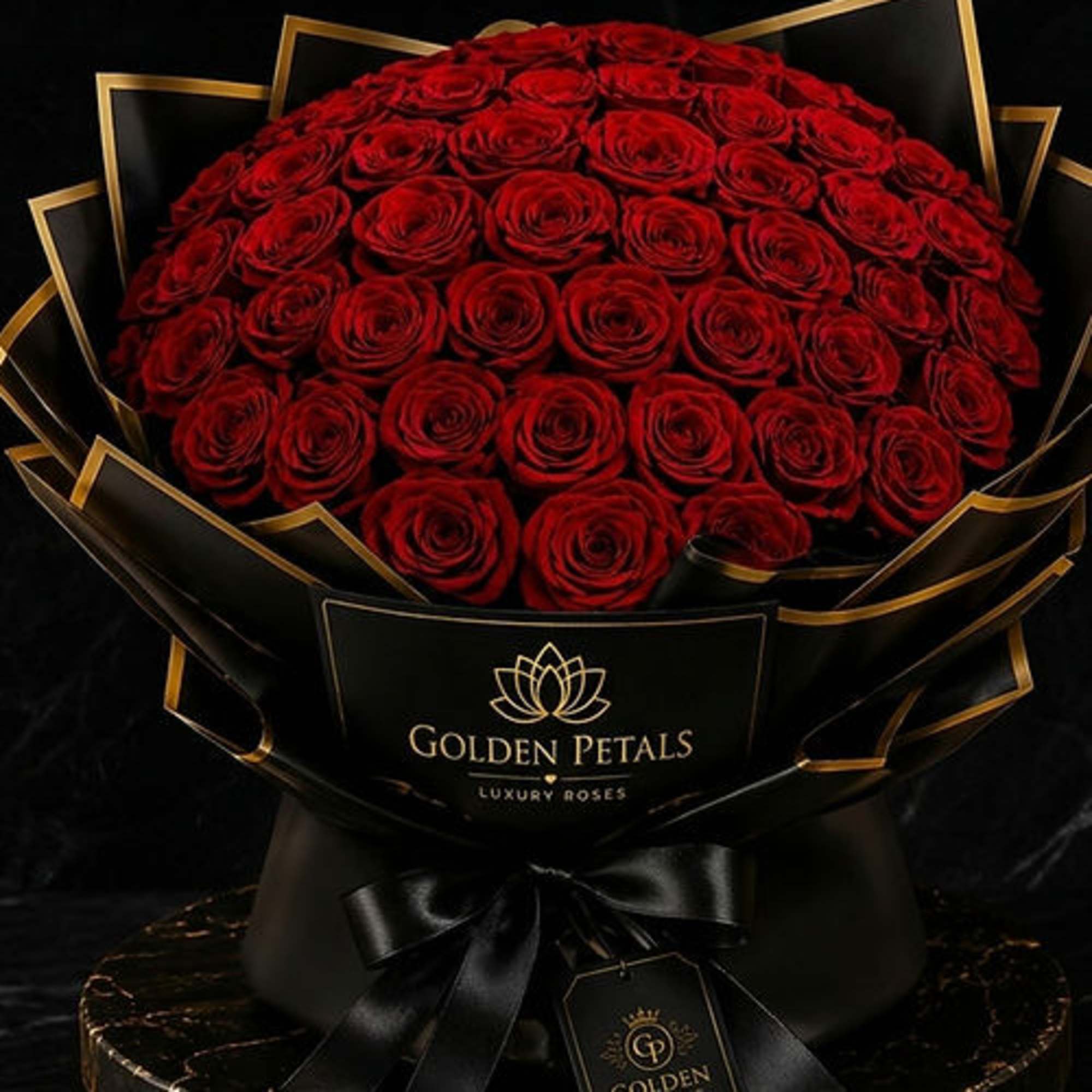 Large bouquet of red roses wrapped in black paper with gold trim