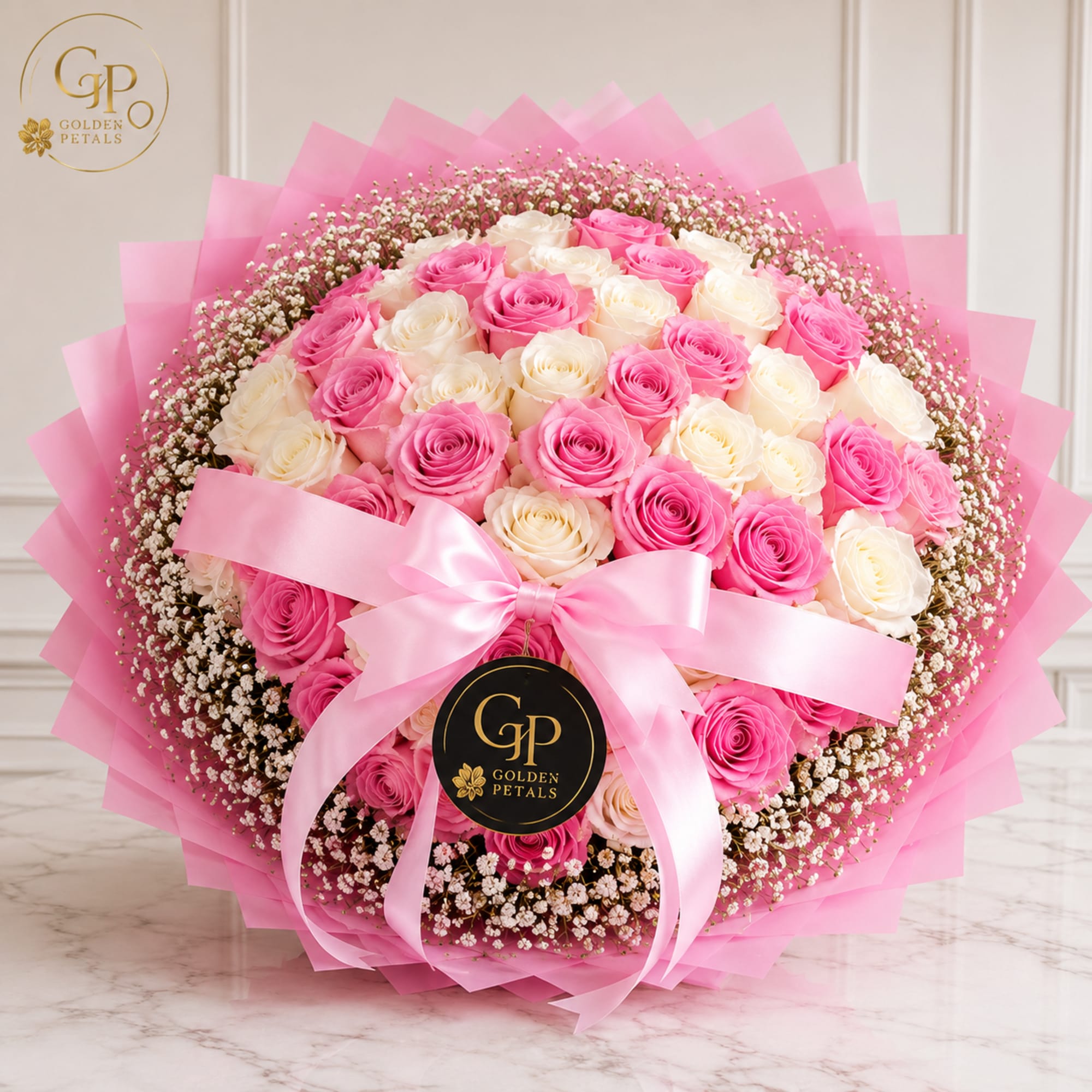Large bouquet of pink and white roses wrapped in pink paper with a ribbon