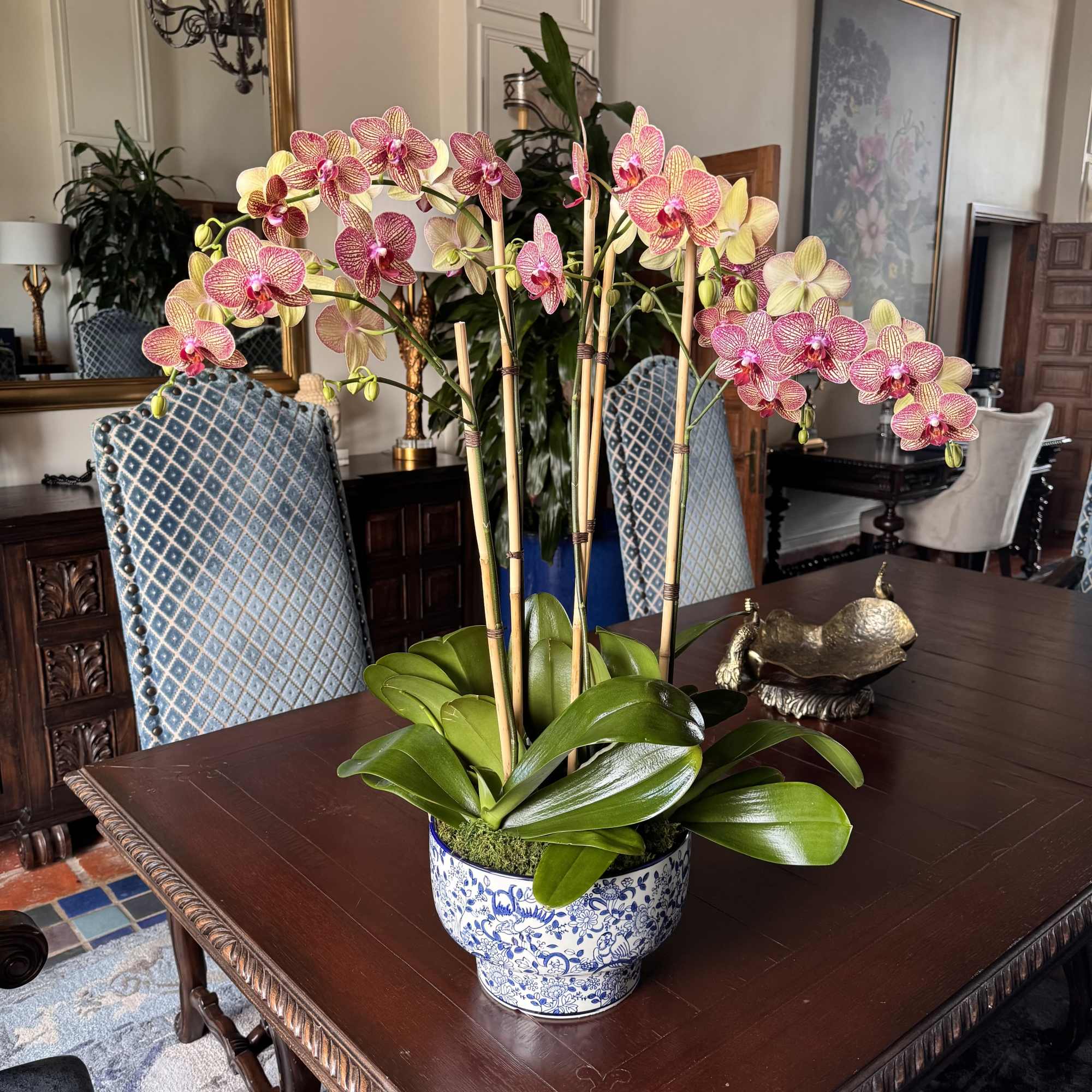 Potted orchid arrangement with pink and yellow blooms in a blue-and-white ceramic container