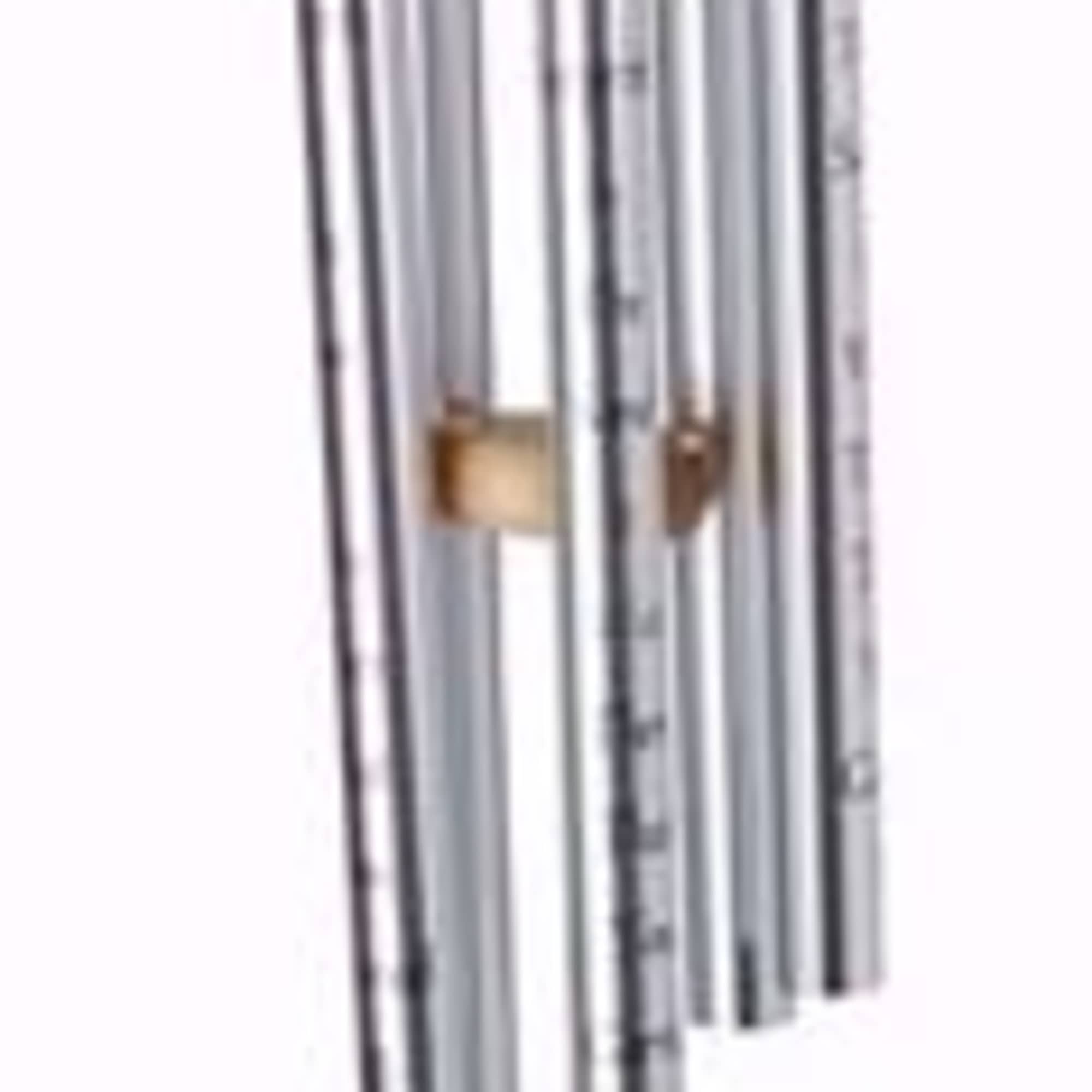 Hanging metal wind chime with a wooden top and oval tag