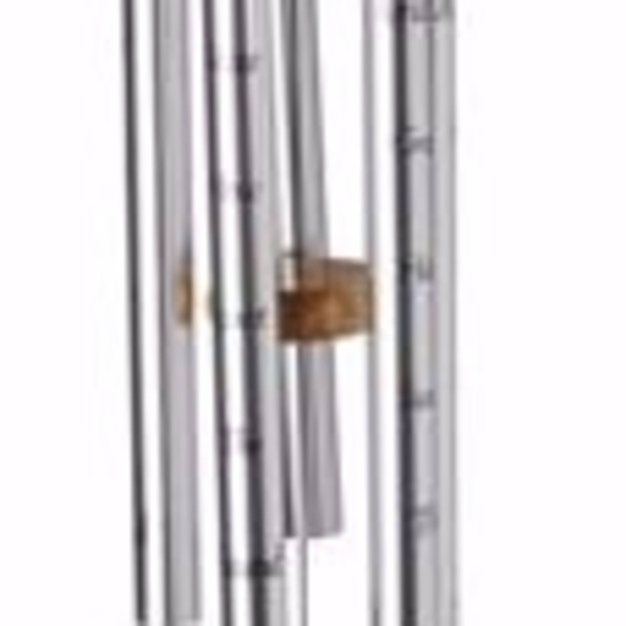 Hanging metal wind chime with a wooden tag