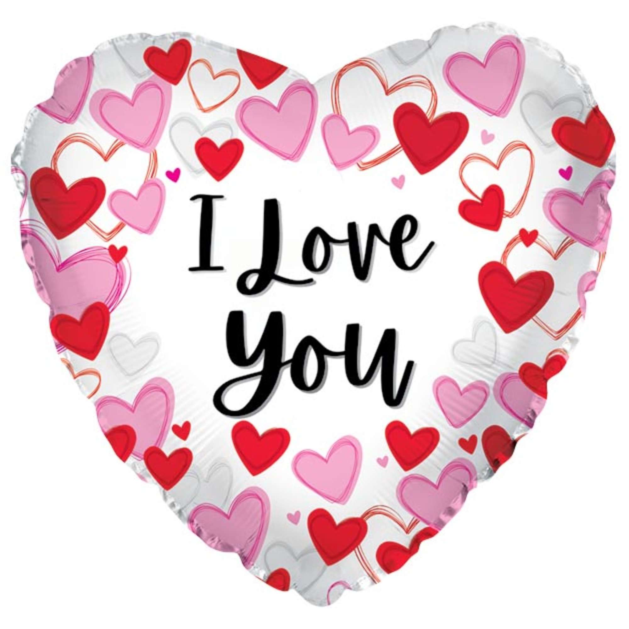 Heart-shaped balloon with pink and red hearts and "I Love You" text