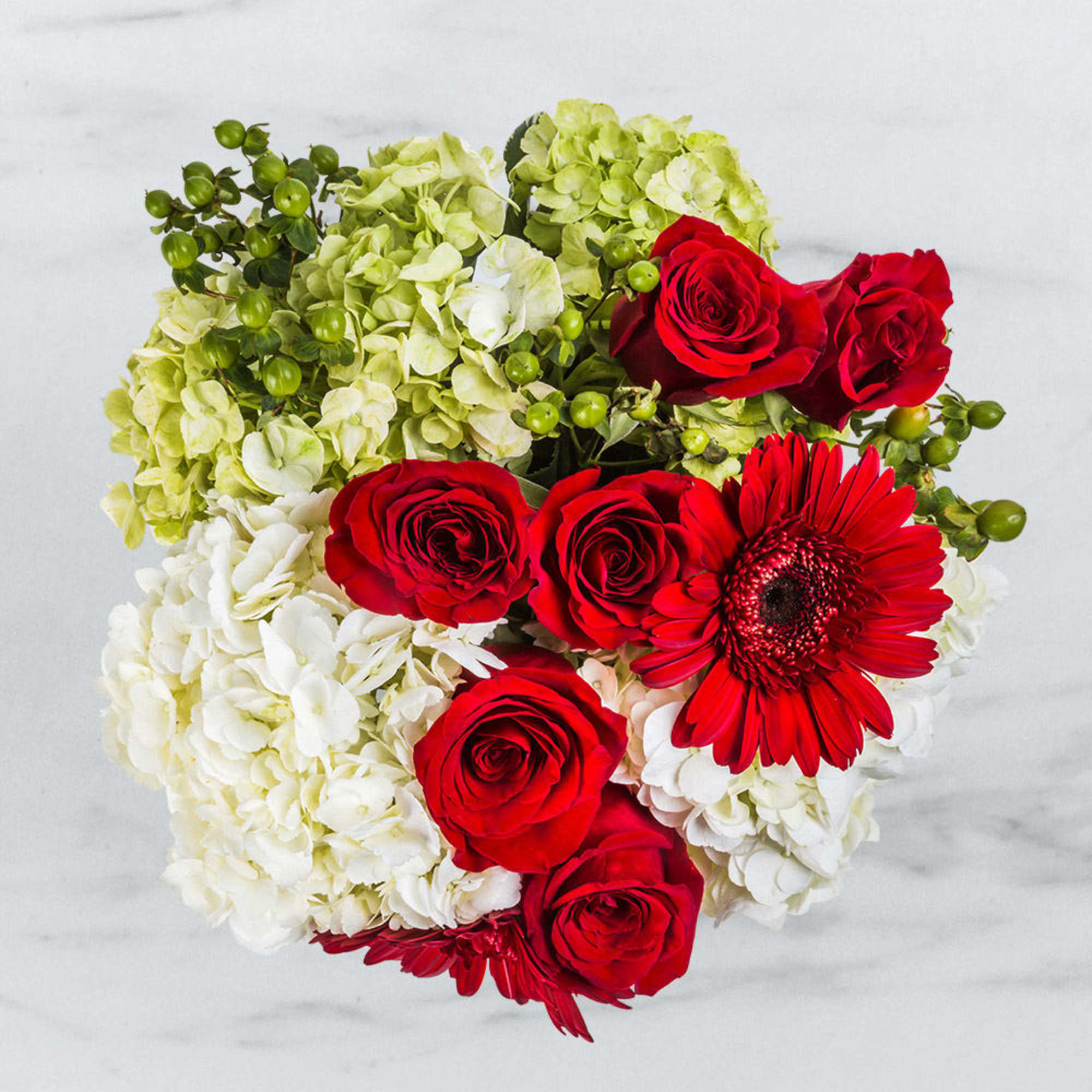 Bouquet of red roses, red gerbera daisies, and white hydrangeas