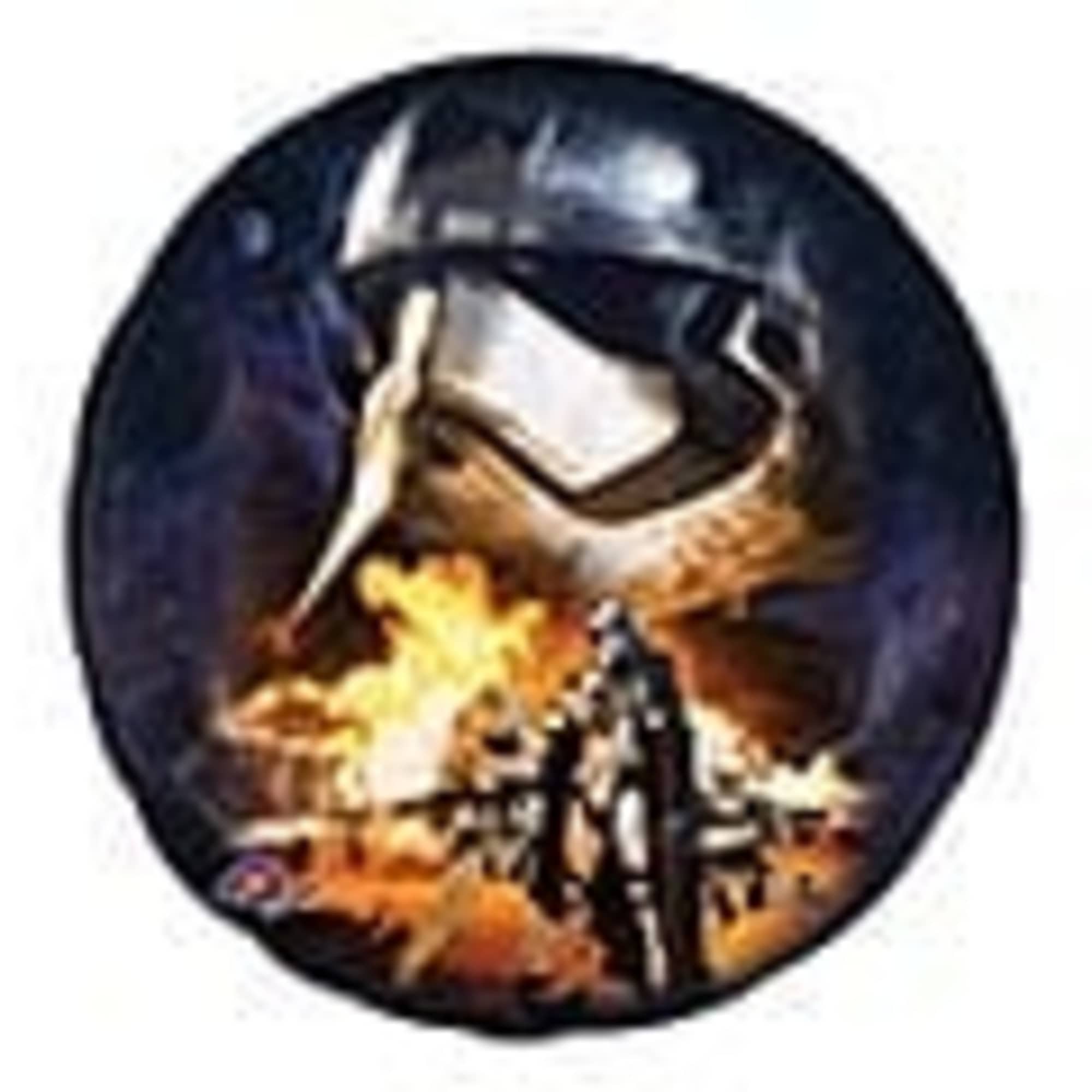 Round foil balloon with metallic sci-fi helmet and fiery battle scene on dark background