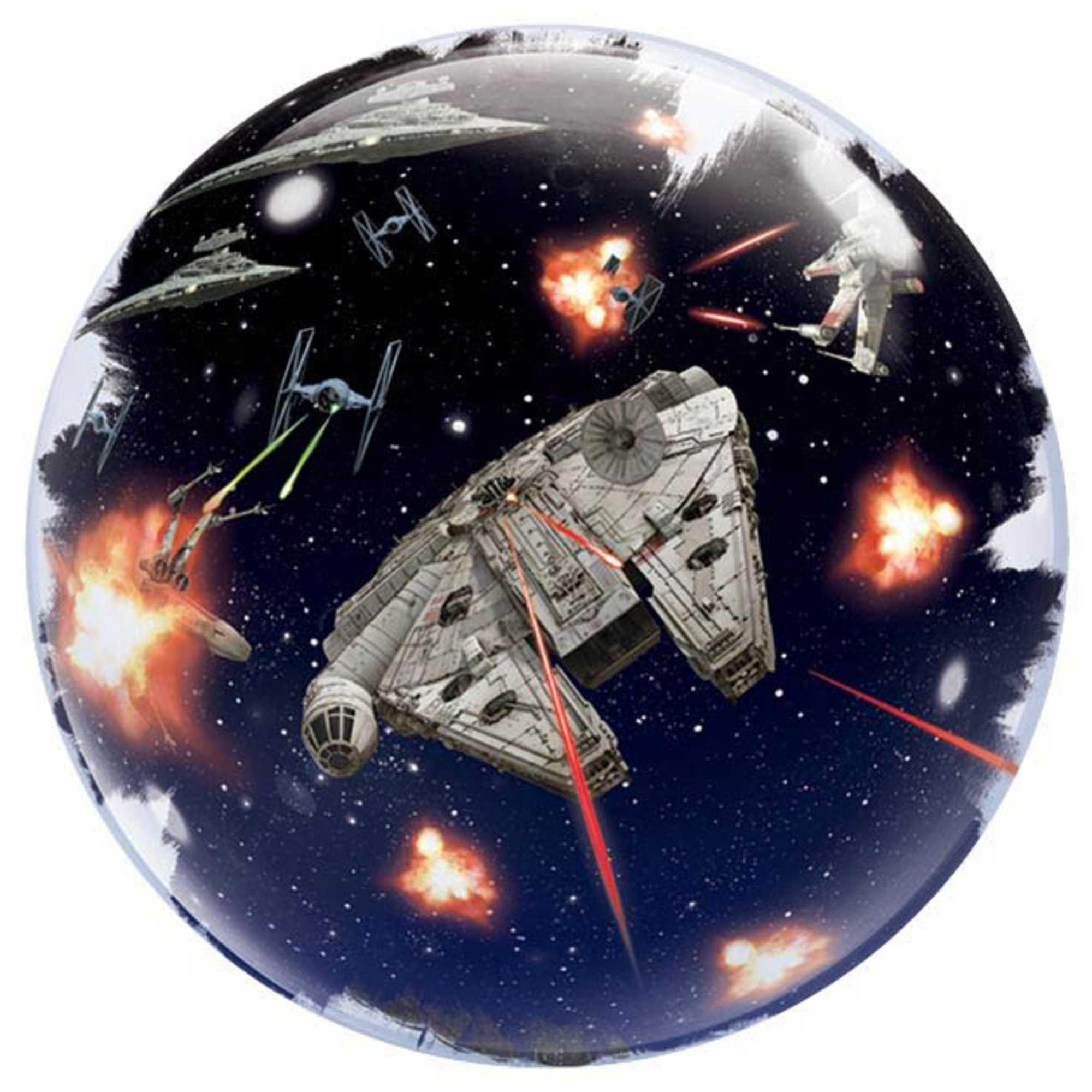 Round balloon with a space battle scene of spaceships, lasers, and explosions.