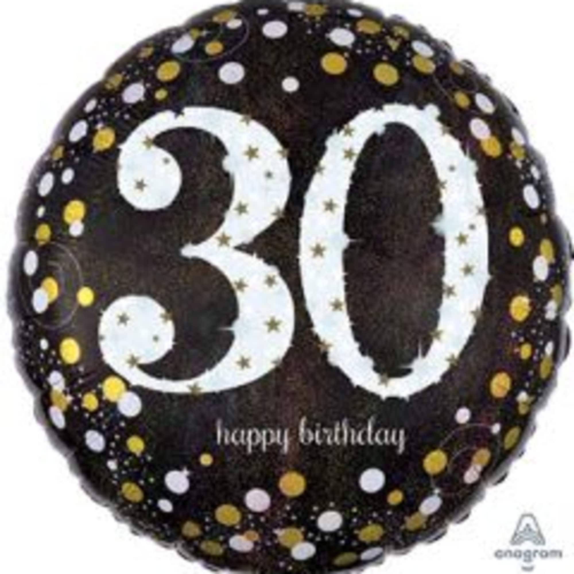 Black birthday balloon with "30" and confetti dots