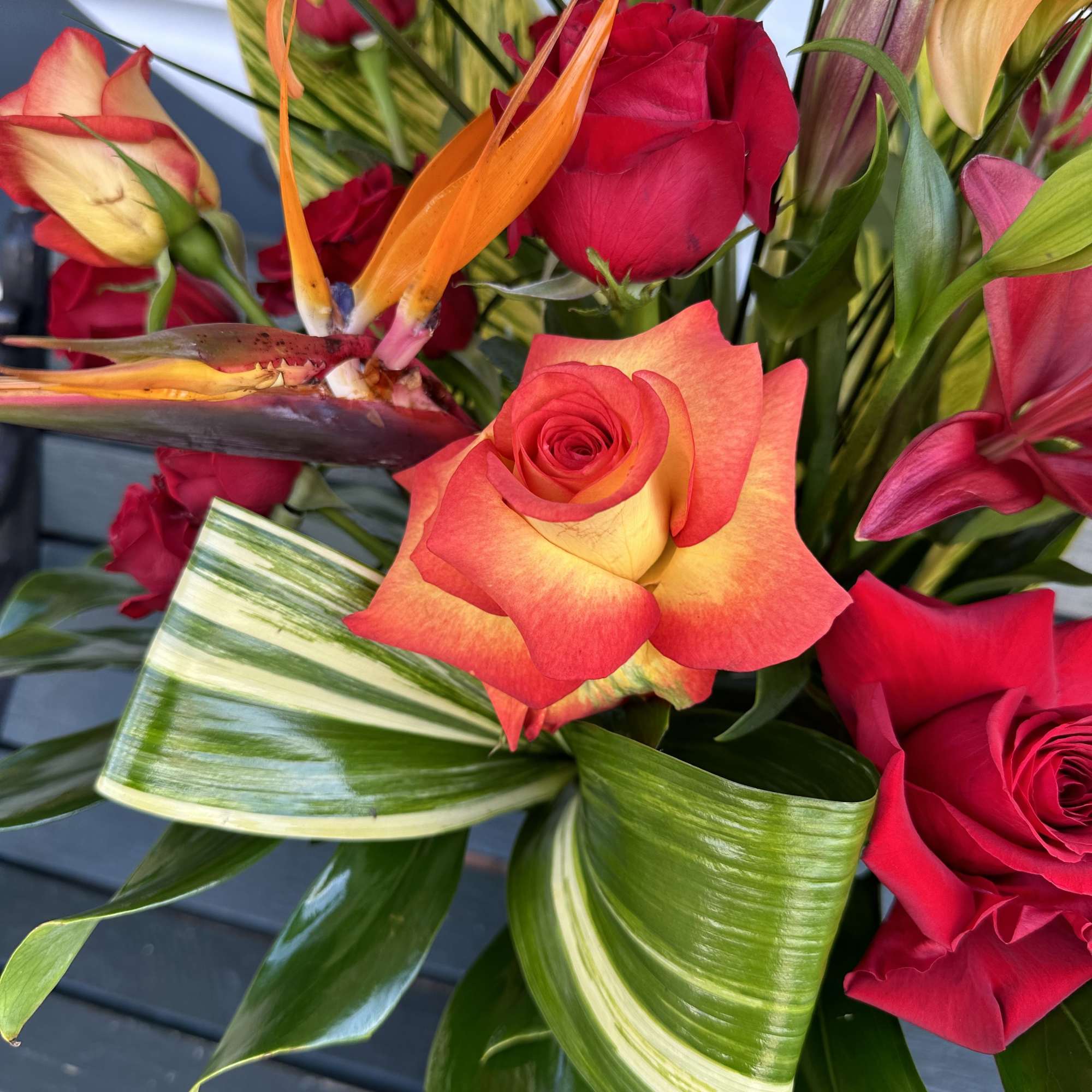 Bouquet of red and orange roses with tropical flowers and striped leaves