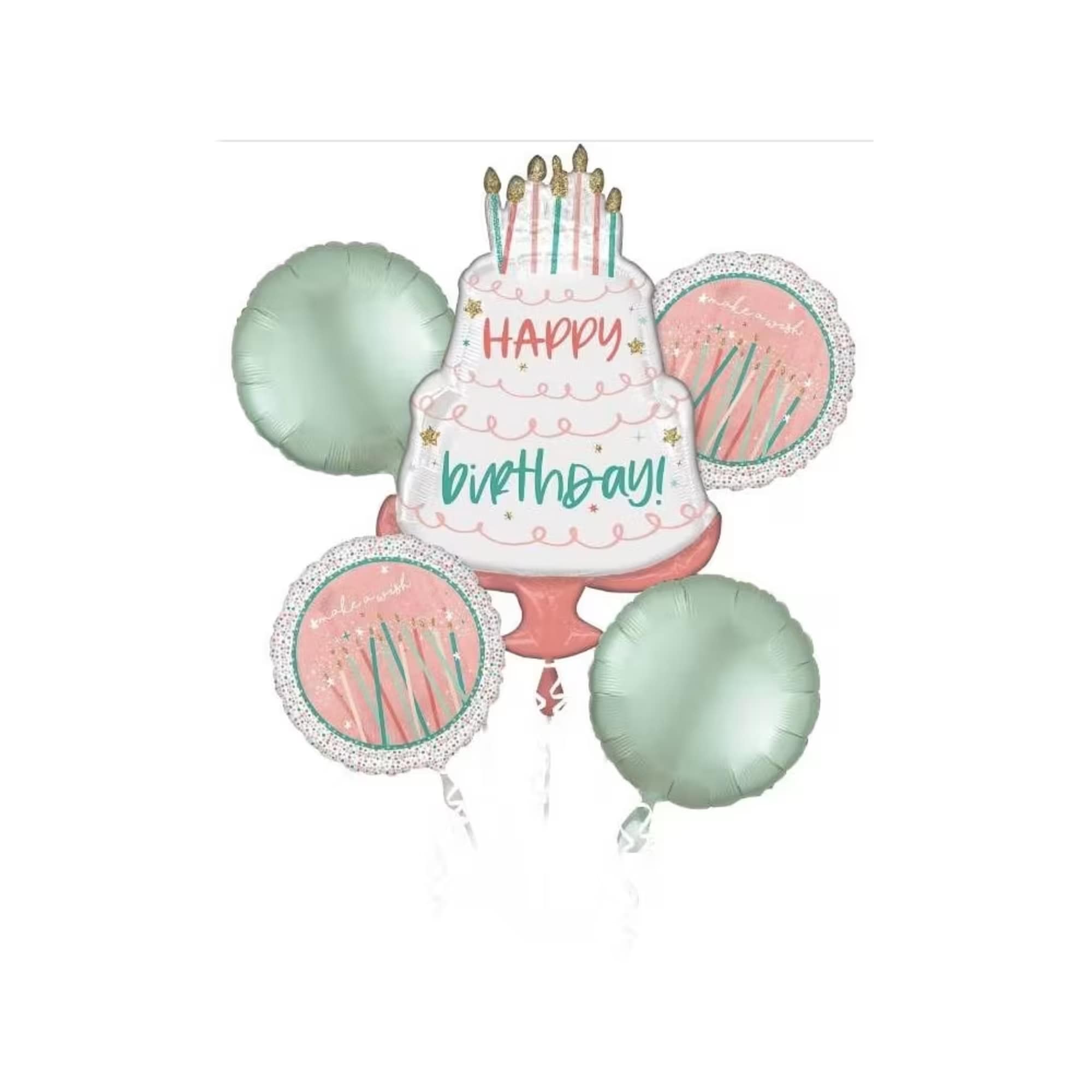 Birthday balloon bouquet with a cake-shaped centerpiece and mint balloons